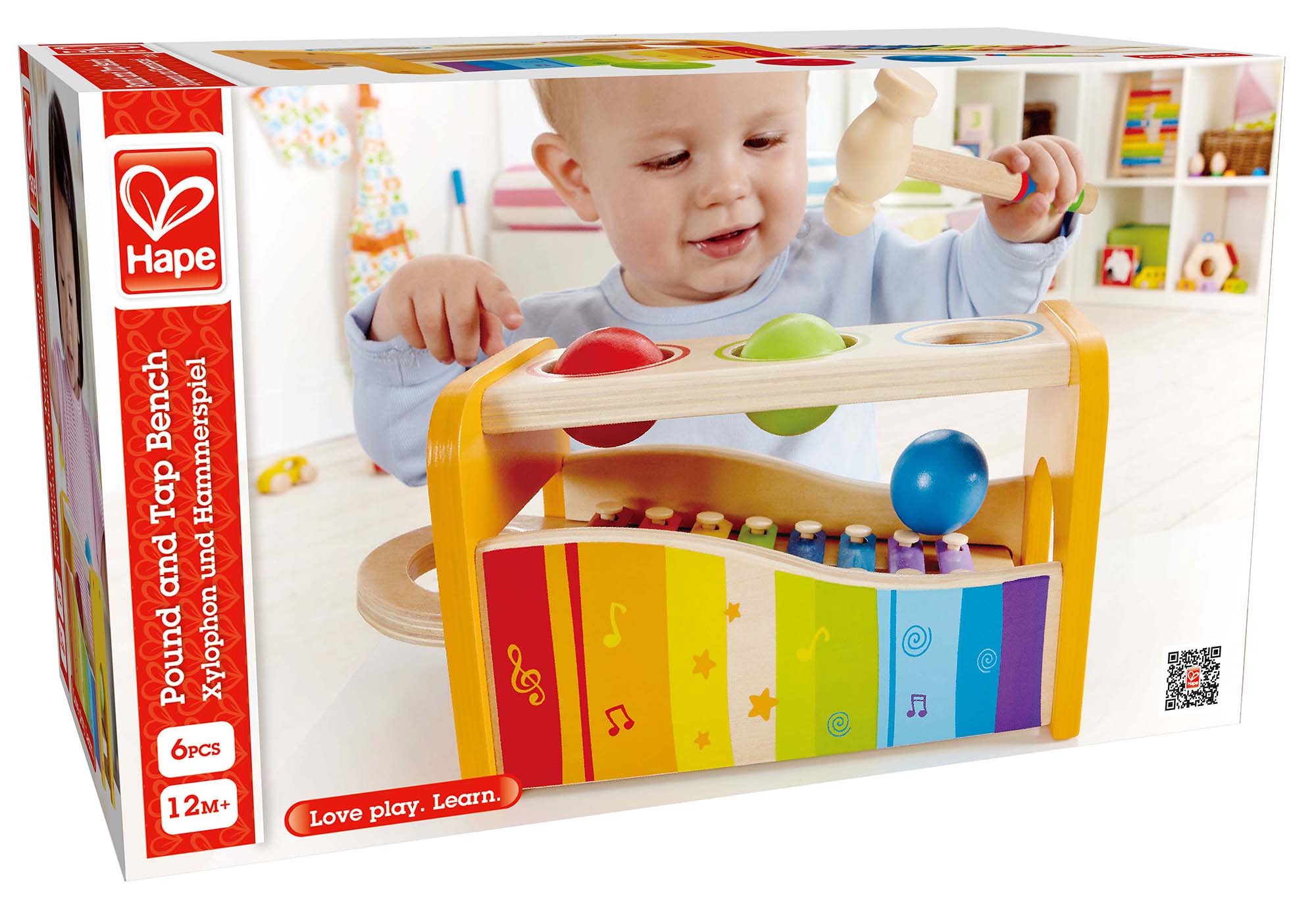 Hape E1810 - Motorikwürfel Kleine Tierchen, aus Holz, ab 12 Monate & E0305 - Xylophon und Hammerspiel, Klopfbank, aus Holz, ab 12 Monate