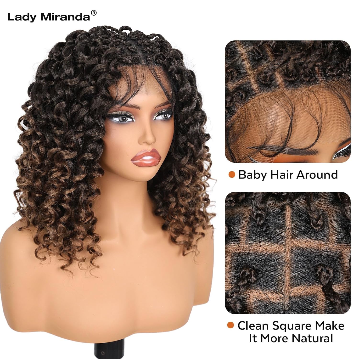 Lady Miranda Double Full Lace Braided Wigs for Black Women GoGo Curl Braided Wig Synthetic Lace Front Wigs for Black Women Knotless Curly Braid Wig Ombre Brown Pre Plucked Wig(Ombre Brown)