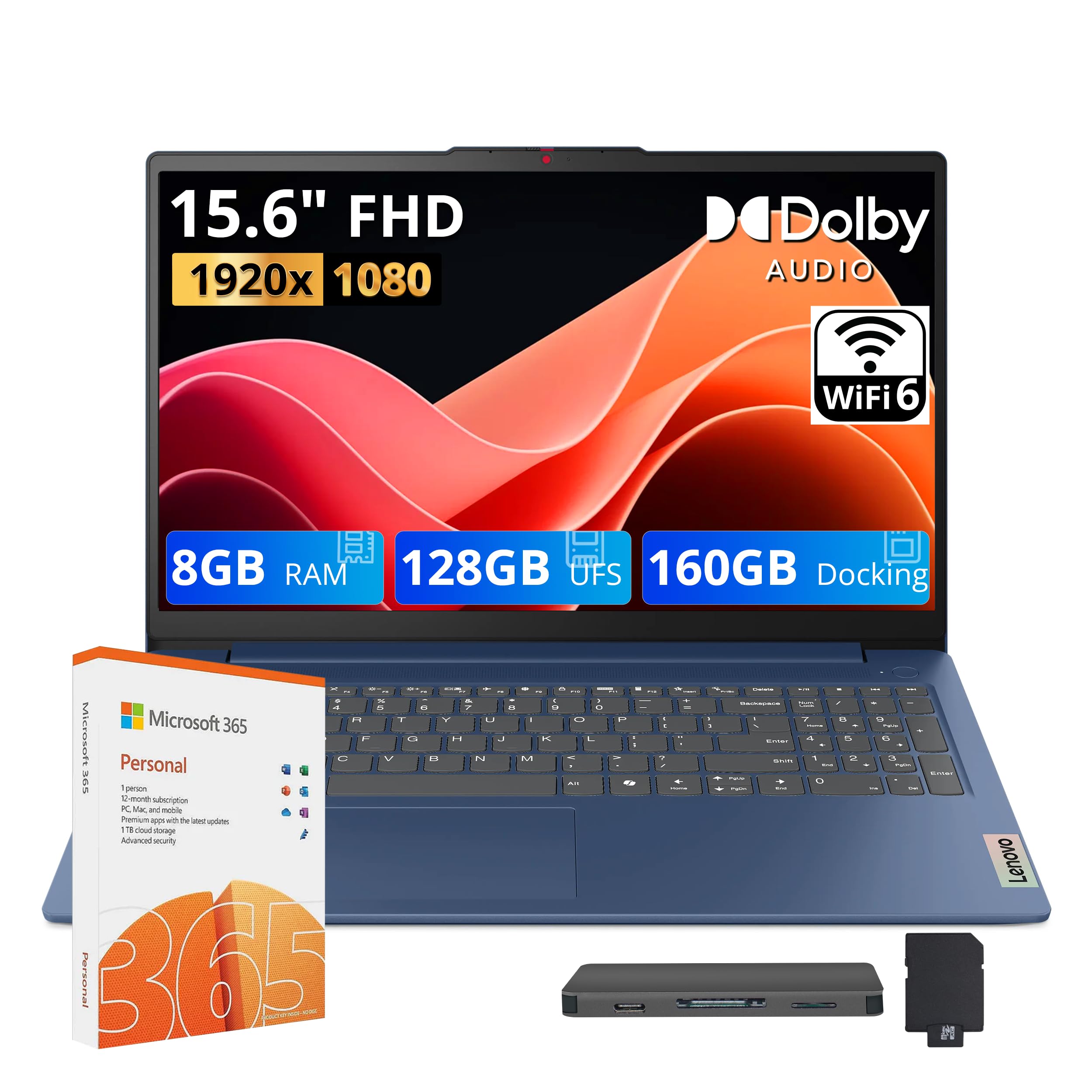 lenovo ideapad slim 3 15.6" fhd laptop, intel n150 processor, 8gb lpddr5 ram, 288gb storage(128gb ufs+160gb docking station), intel graphics, wi-fi 6, long battery life, numeric keypad, win 11, blue