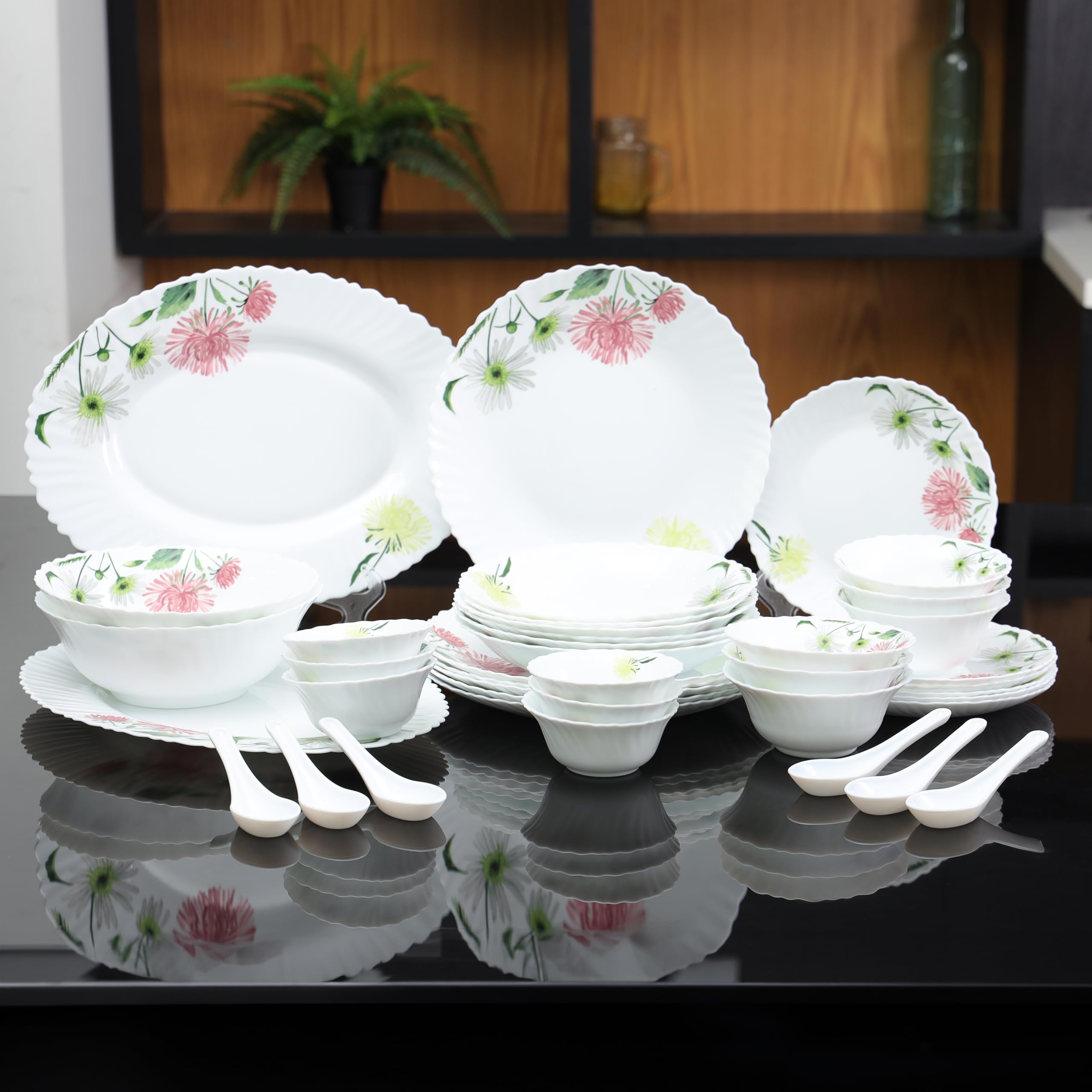 Delcasa DC3383 Opalware Dinner 40-Pieces Set, White/Pink