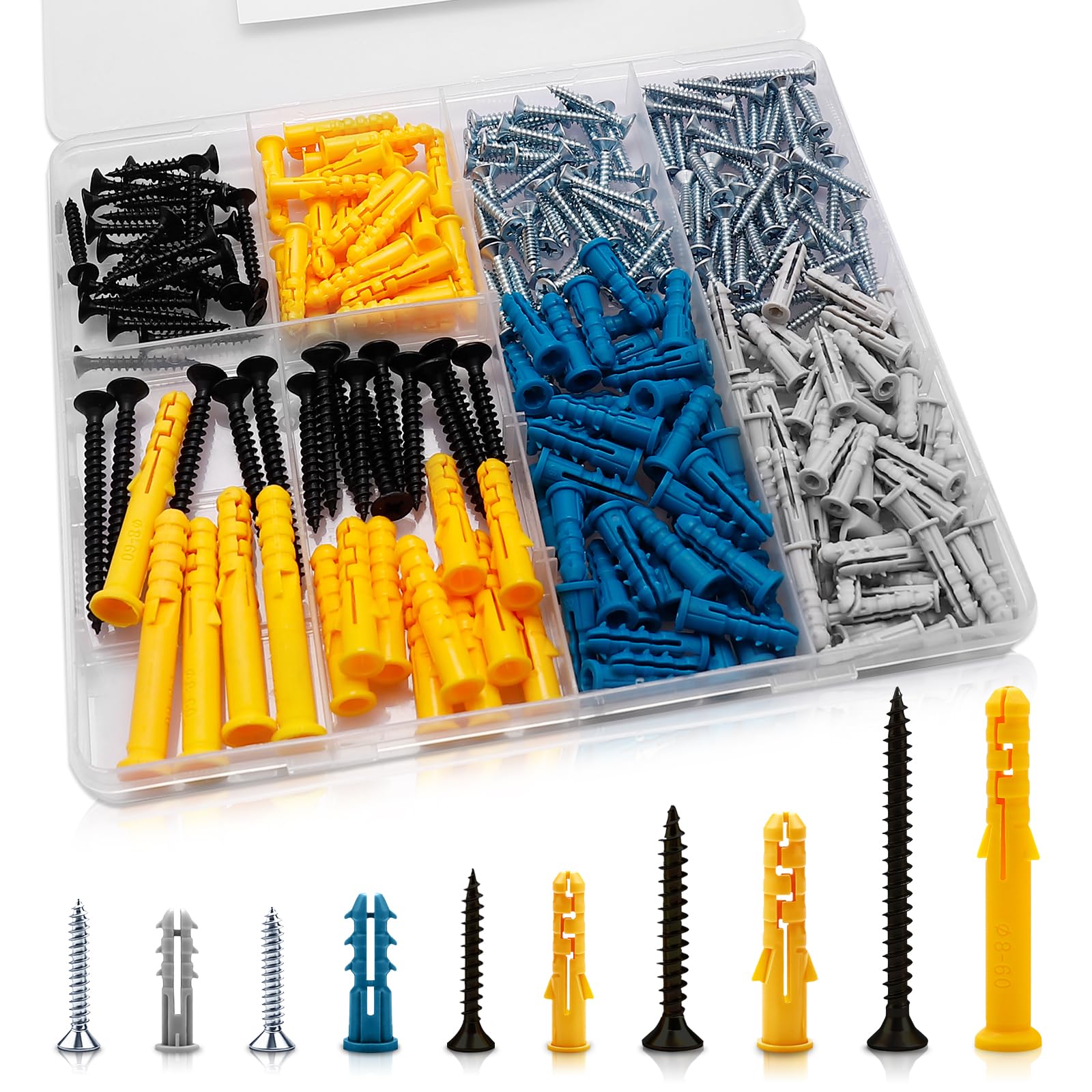 Zynthor 270Pcs Screws and Wall Plugs Set, Wall Plugs and Plasterboard Screws, 5 Sizes Raw Plug Assortment Kit, Plasterboard Fixings for Brick Concrete Drywall