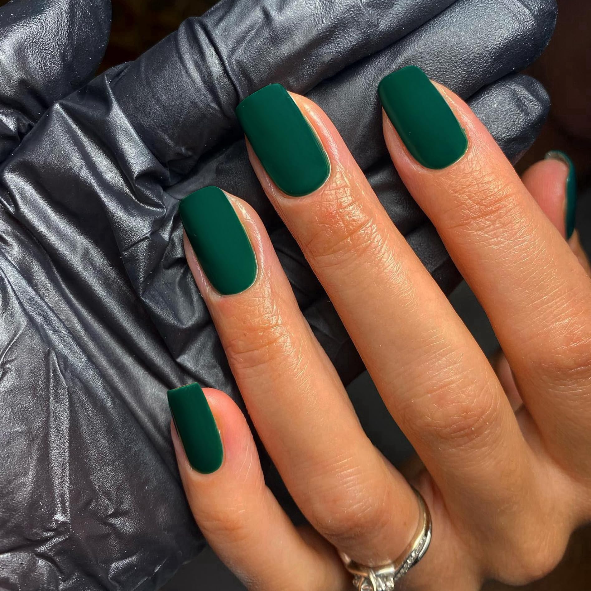 KQueenest Soft Gel Press on Nails Short Medium Square, Matte Dark Green False Nails Short Coffin - Image 3