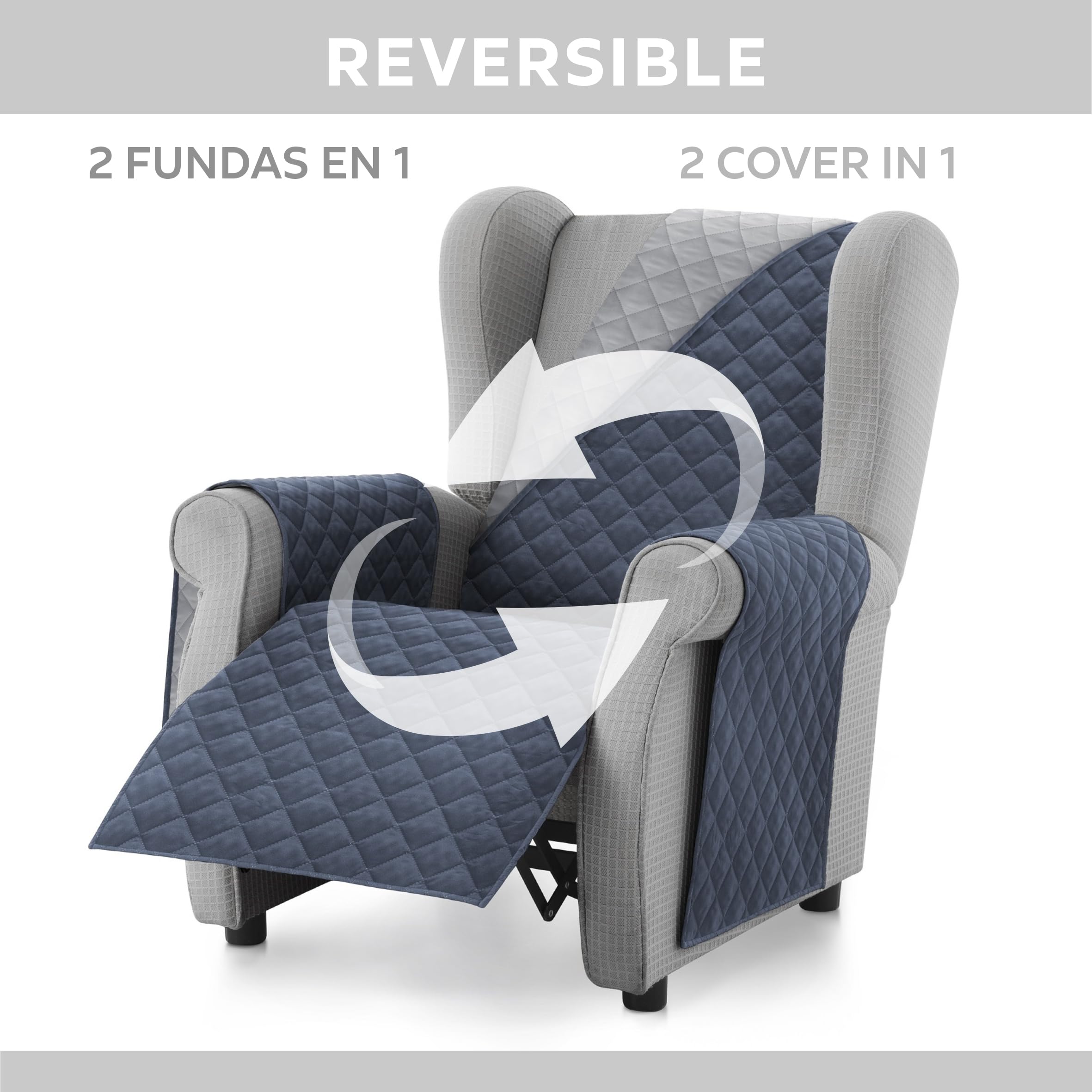 Textilhome Copridivano Malu 1 Posti con Braccioli – Copripoltrona Relax e Orecchioni Reversibile, Imbottito, Protezione Antigraffio per Divani, Colore Blu