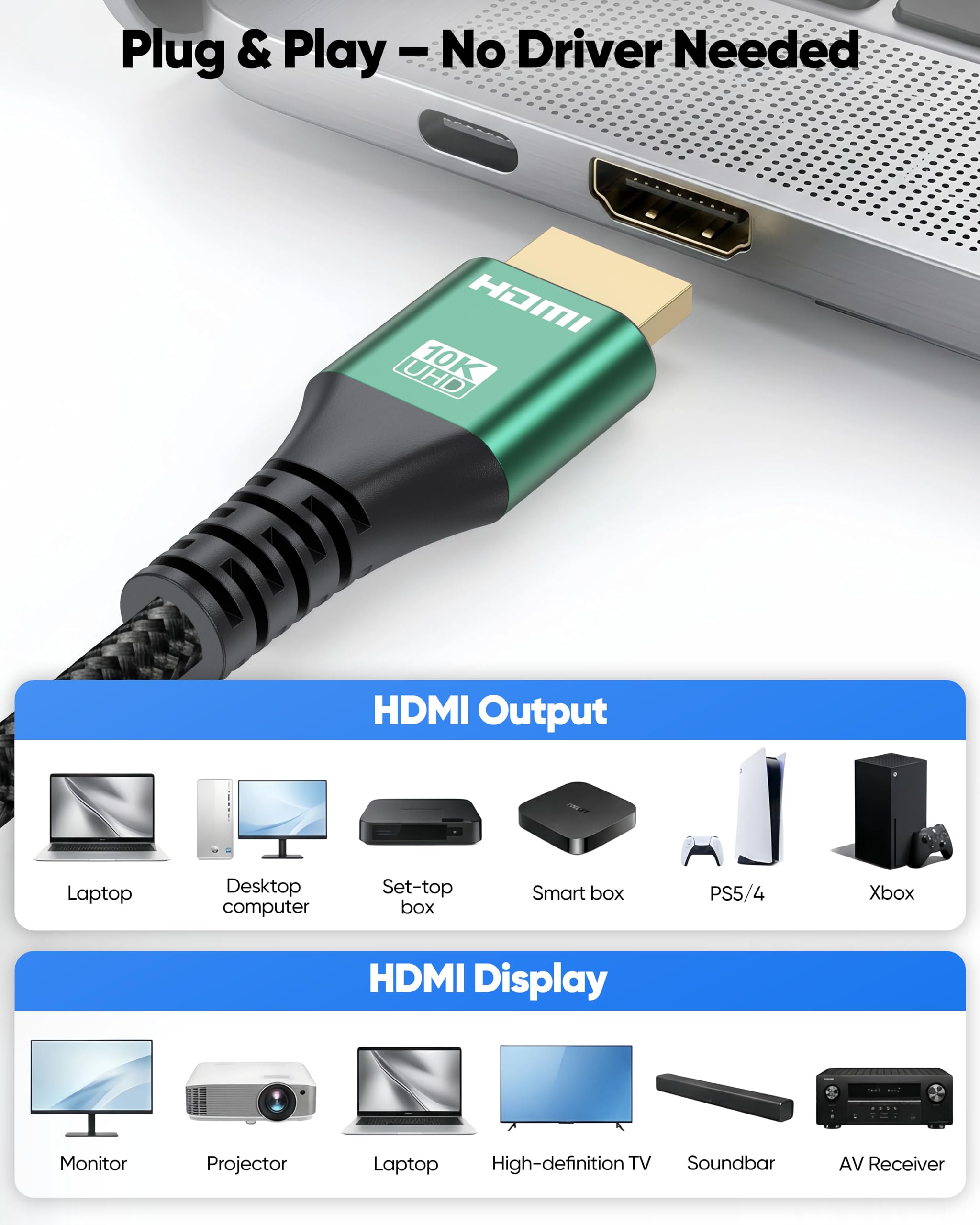Cavo HDMI 10K 8K, cavo HDMI 2.1 ad alta velocità 48Gbps 8K @60Hz, 4K @120Hz cavo HDMI intrecciato eARC, HDR10 per PS5/PS4, Roku TV, monitor, HDTV, Blu-ray, laptop