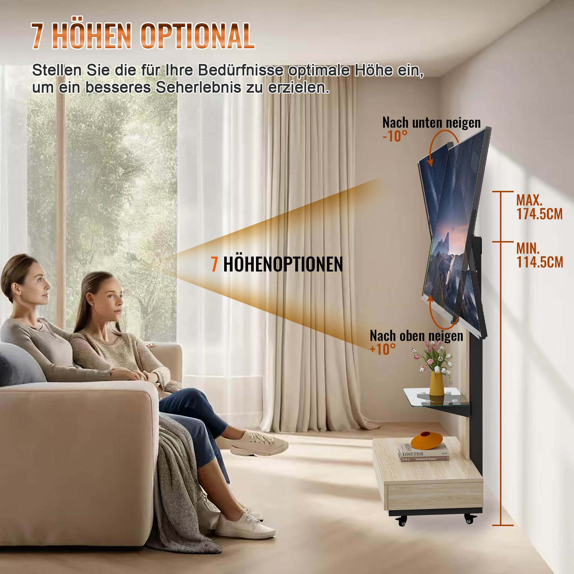 Verstellbarer TV-Ständer mit Rollen, Schiebeschublade und Schwenkhalterung für 32-75 Zoll Fernseher – Höhenverstellbar, Lenkrollen mit Feststellfunktion Holzfarbe/Schubladen