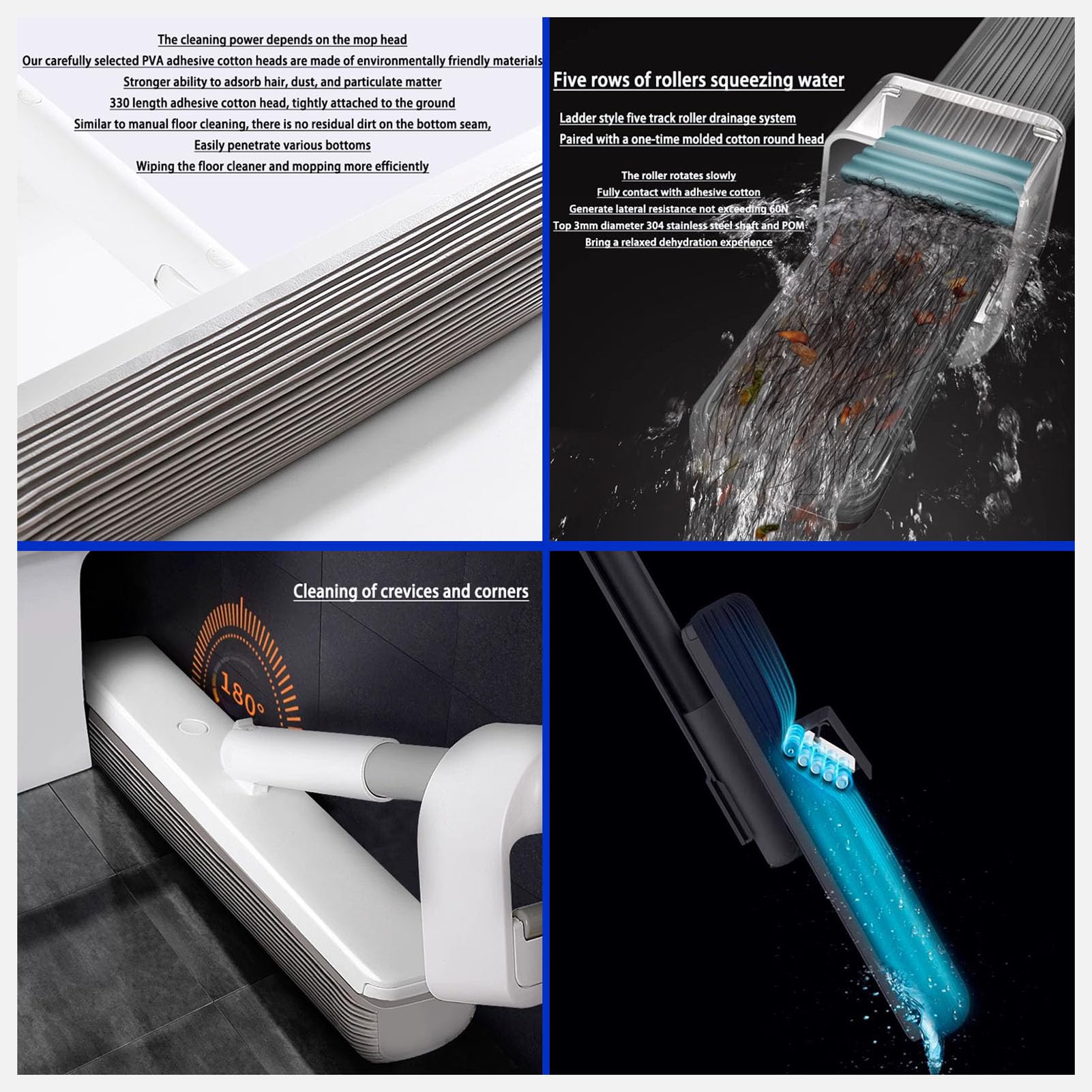 Fregona Giratoria con Esponja de Alta Absorción de Agua de PVA,Fregona de Mango Largo con Extrusión Automática de Agua,para Suelos de Madera,Azulejos,Mármol,Ventanas,Paredes,Blanca,3 Heads