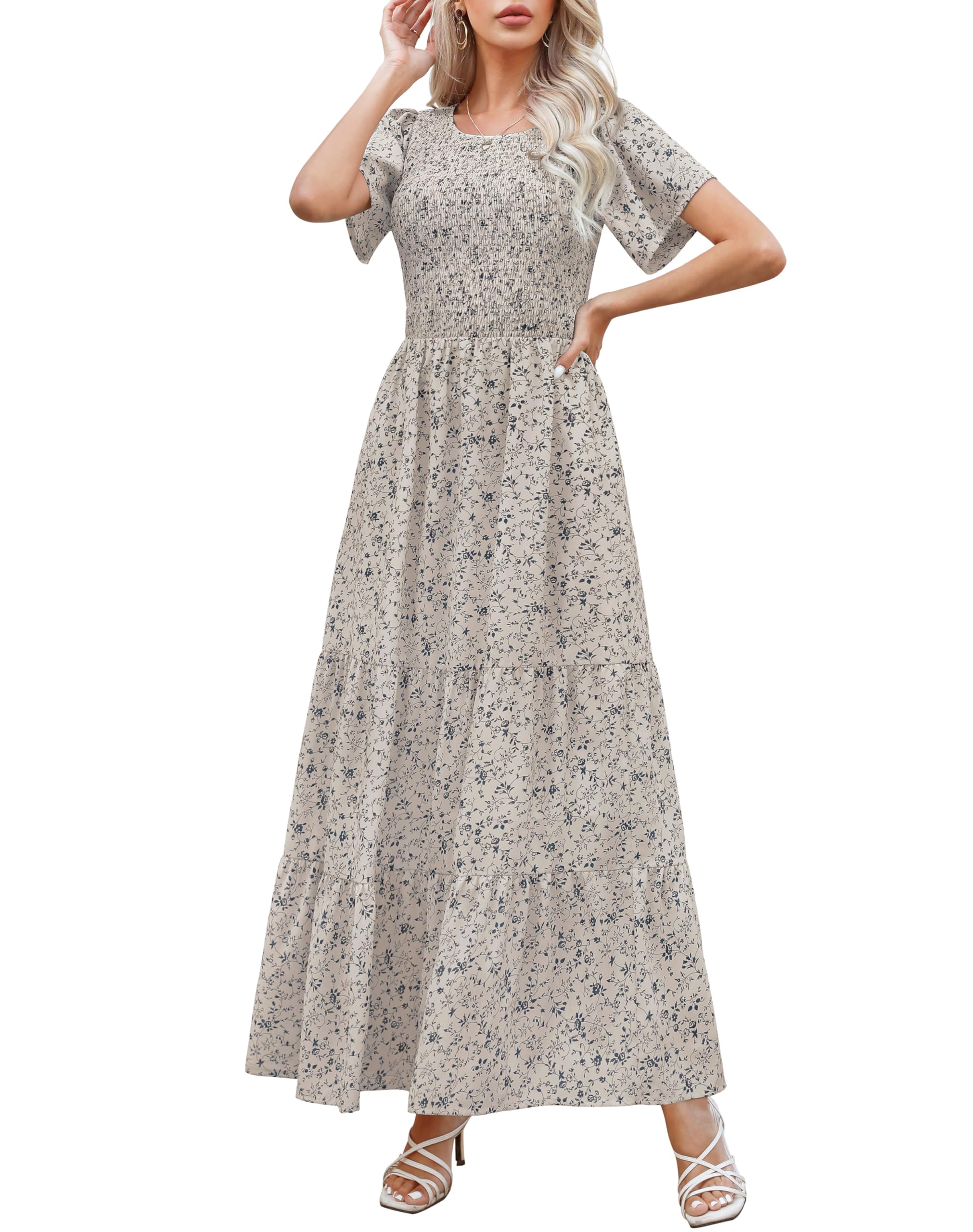 Kranda Women 2025 Summer Fall Crewneck Short Sleeve Smocked Floral Maxi Dress