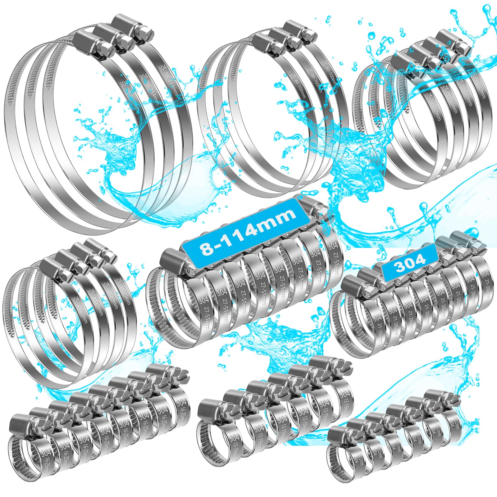 moveland 8-114 mm Collier de Serrage Tuyau - Antirouille 304 Collier Inox Serrage, 50 pcs - Réglable Collier Serrage - n'endommage pas le tuyau, pour le jardin, la maison, la piscine, la cheminée