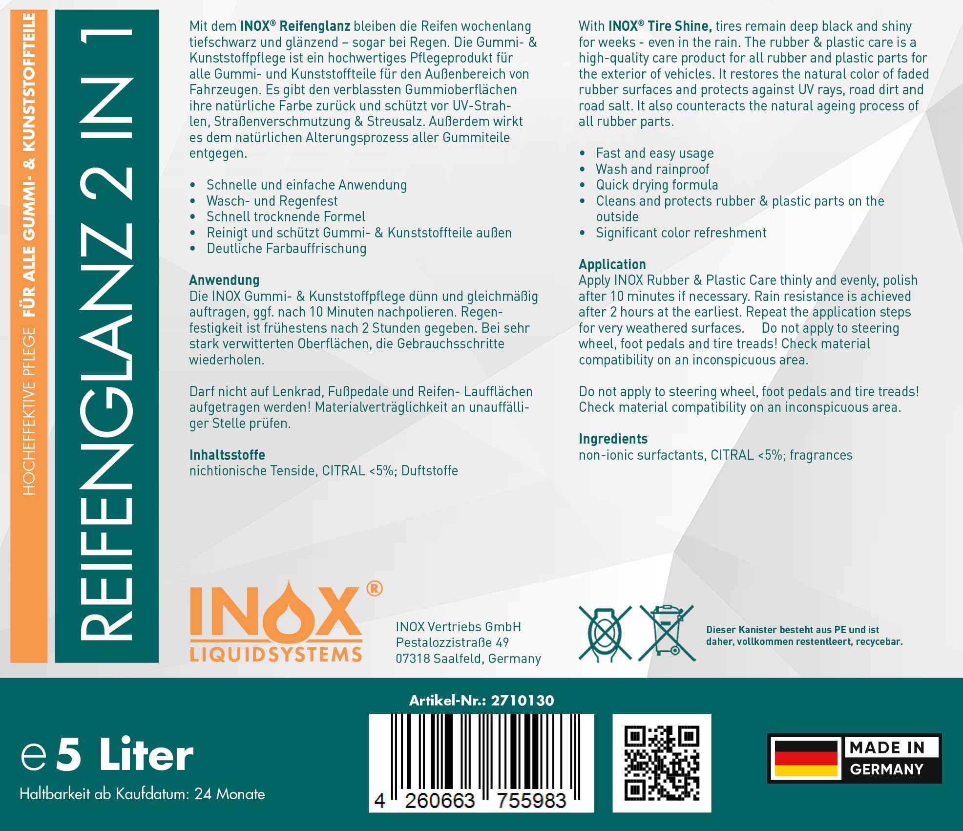 INOX® Reifenglanz - 5L Soin pour pneus et plastiques de voiture & soin pour caoutchouc pour l'extérieur - Noir - Entretien pour pneus et brillance - Entretien et nettoyant pour pneus de voiture - Noir