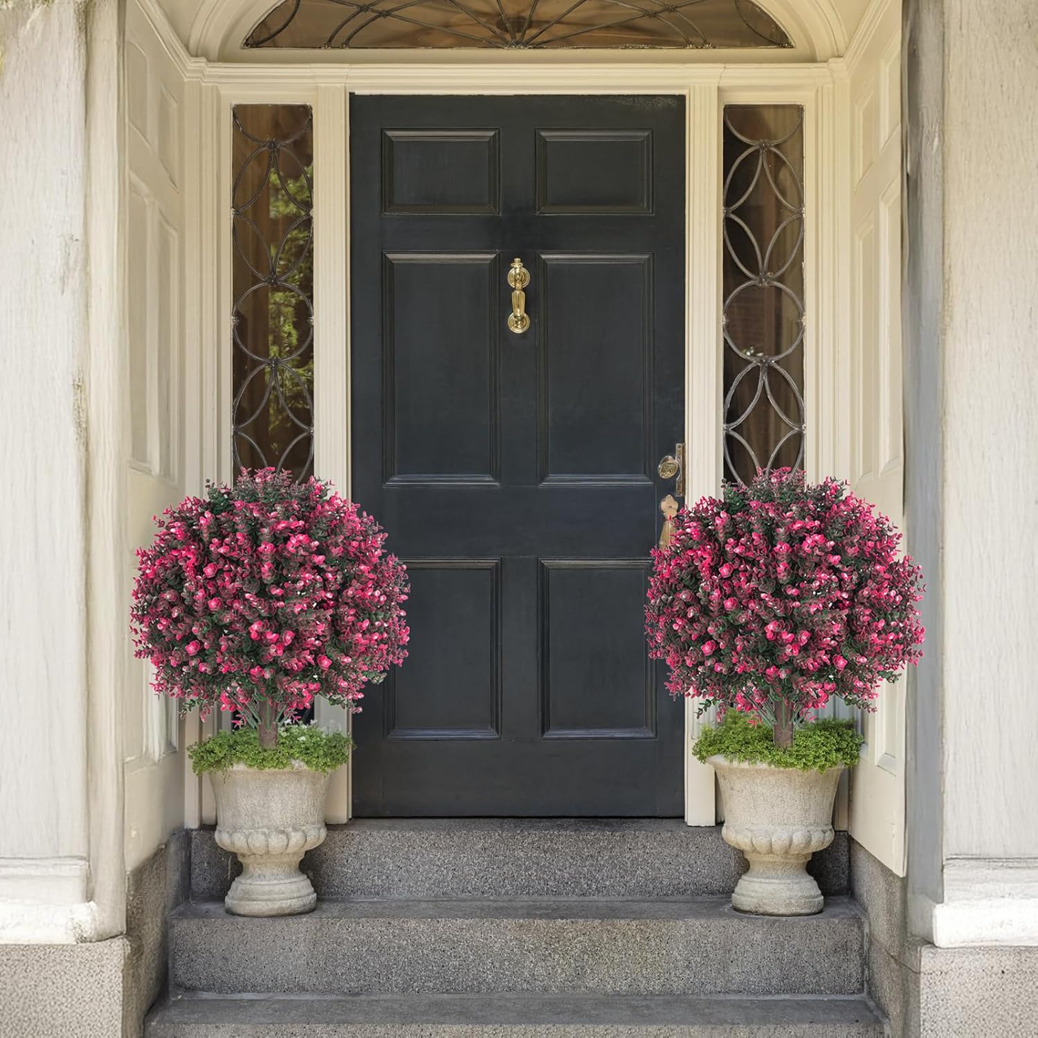 Set of 2 Artificial Rose Boxwood Topiary Ball Bush for Outdoor with Ground Spike 22", UV Resistant Faux Greenery Shrubs, Fake Rose&Green Boxwood Plants for Garden, Yard, Porch, Patio Decor - Image 3