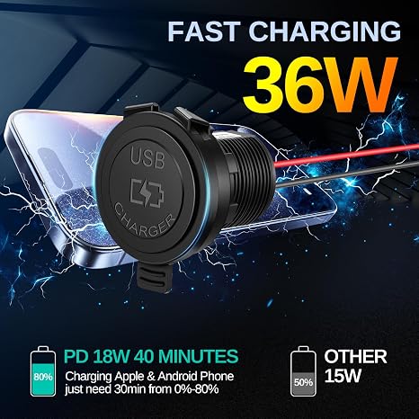 RV USB Outlet 12V/24V Quick Charger, Dual PD3.0 & QC3.0 Fast Charger Type A Type C Ports, Recessed Mount 36W High-speed Charging Socket for RV Camper Van Trailer Boat Golf Cart, 2Pcs