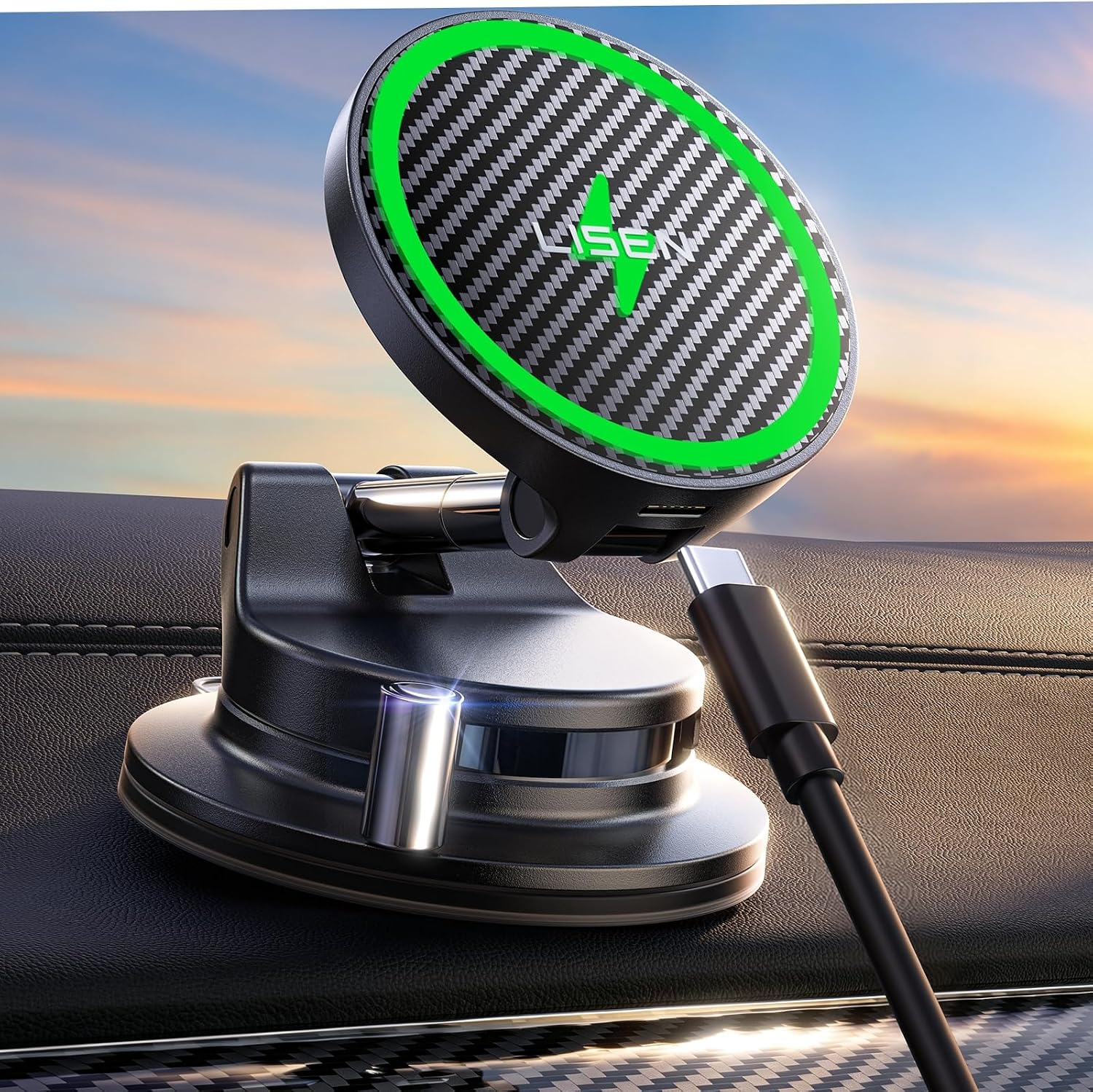 LISEN for 15W Magsafe Car Mount Charger, [Carbon Fiber] 360° Magnetic Wireless Car Charger, Suction Car Phone Mount for Car Accessories for Men, Car Phone Holder for iPhone 17 Pro Max 16 15 14 13 12
