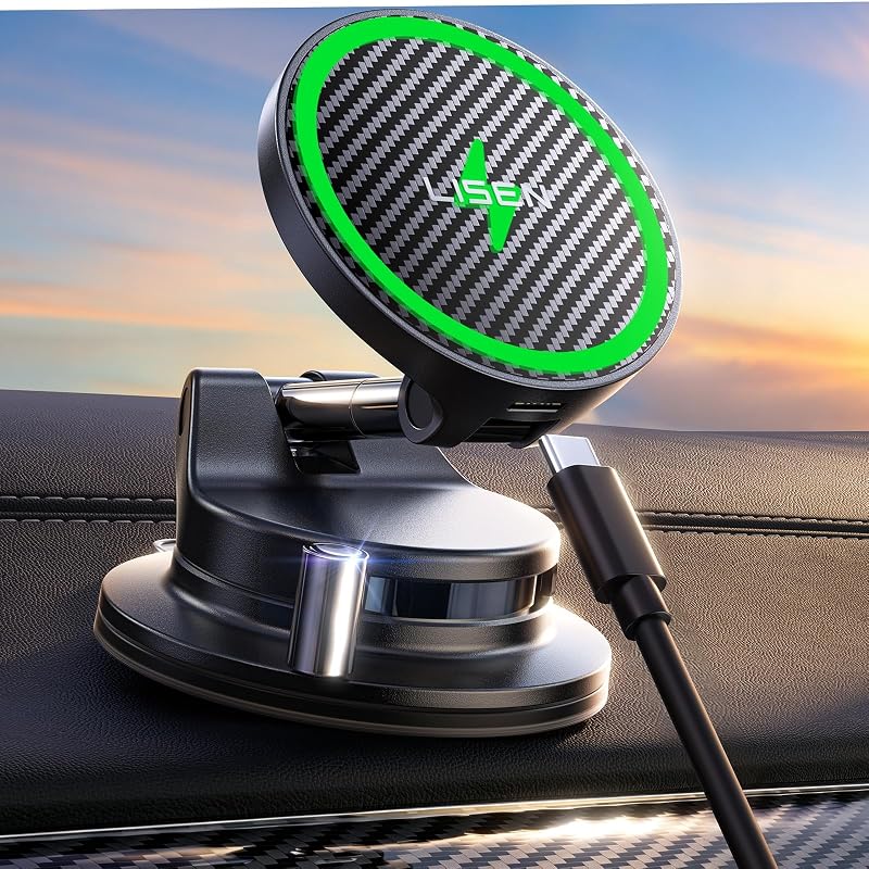 Carregador e suporte veicular magnético sem fio 15 W MagSafe LISEN com ventosa e ajuste 360°, acabamento estilo fibra de carbono