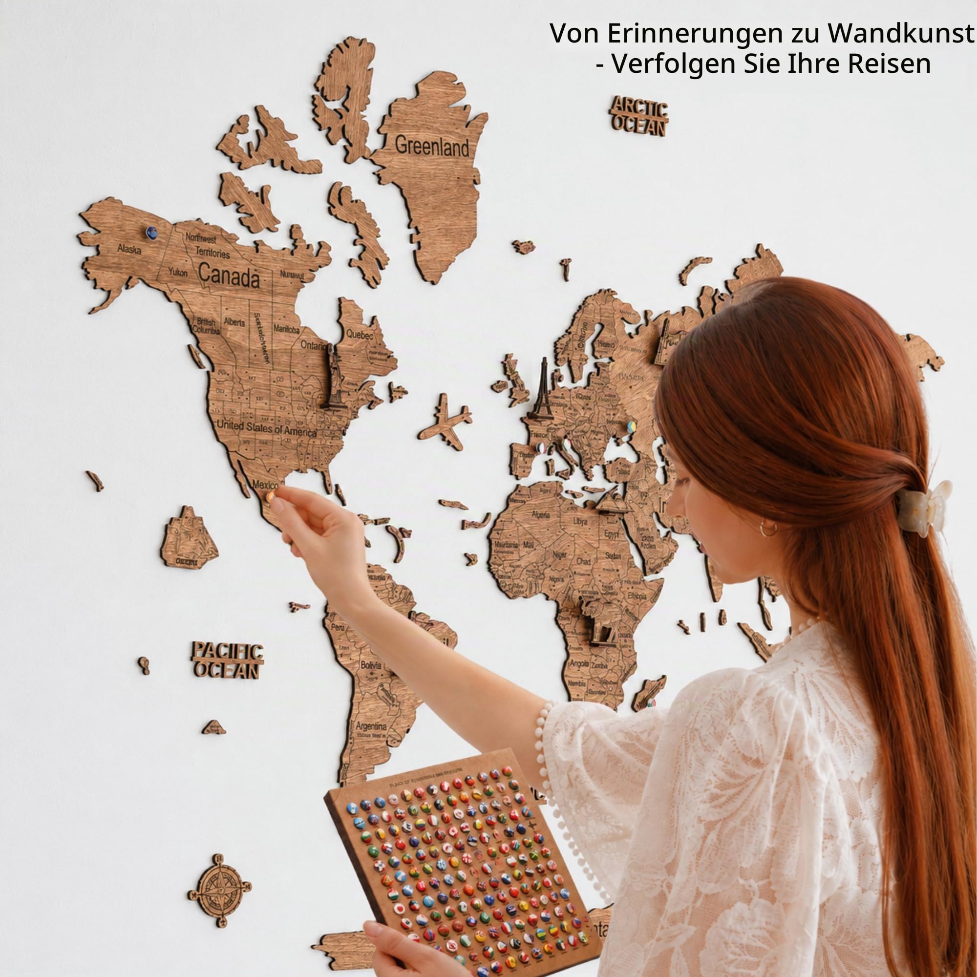 Hölzerne Weltkarte 2D für die Wand – Weltkarte Holz Wanddeko – Geschenk für Reisende (Dark, 100 x 70 cm)