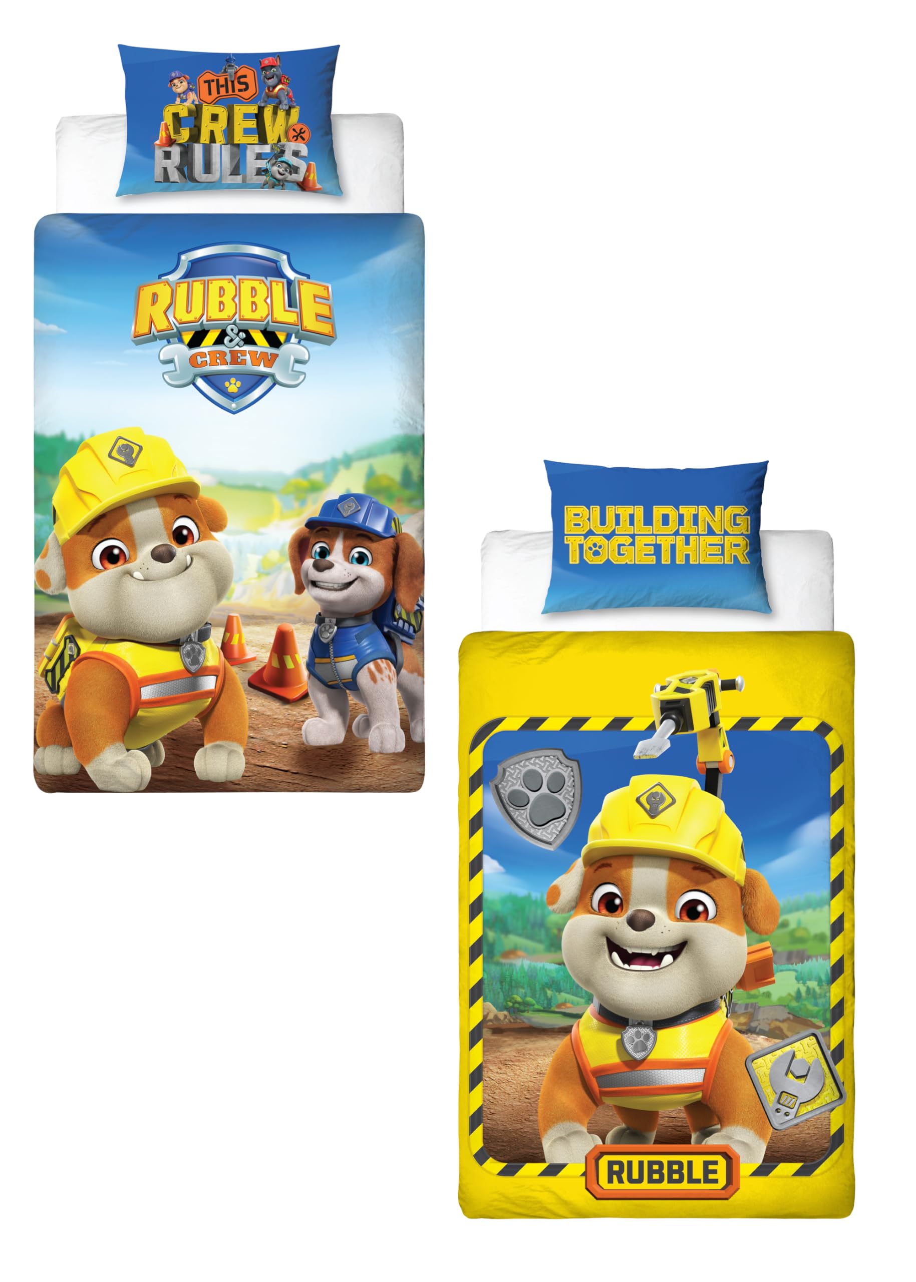 PAW PATROL offiziell lizenziert Rubble und Crew Design einzelne Bettbezug Set | Reversible 2-seitige Hund Bettwäsche einschließlich passender Kissenbezug | Perfekt für Kinder-Schlafzimmer