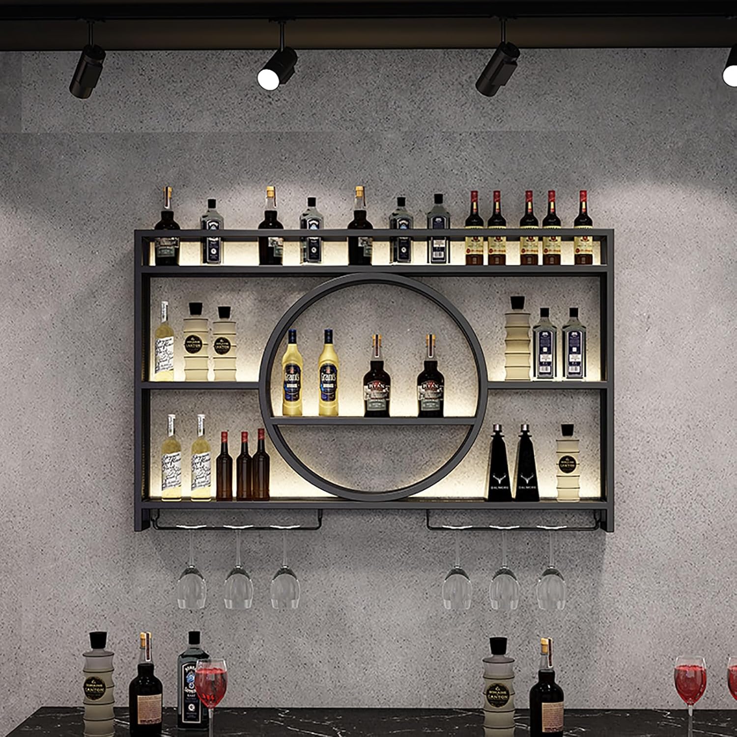 Wall Mounted Wine Racks Metal Cocktail Cabinet Display Rack Bar Unit with Floating Shelves Modern Glass Holder Stand for Home Restaurant Bars (Black)