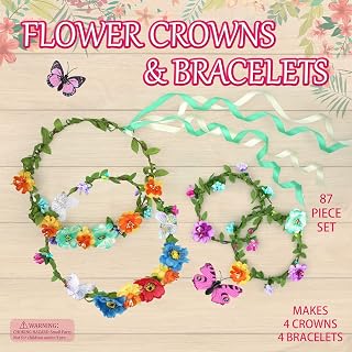 AluAbi 4 Flower Crowns and Bracelets Craft Kit, Gifts for 5 6 7 8 9 10 Year Old Girls, Arts and Crafts for Kids Girls Ages 6-8 8-12, DIY Hair Accessories Set (4 Crown)