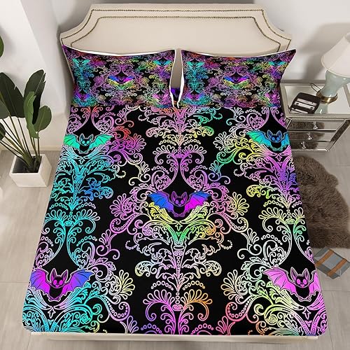 Miniatura 6 de Sábanas de damasco negro para adultos, sábana bajera ajustable barroca victoriana antigua, tamaño Queen, sábanas florales góticas vintage, juego de