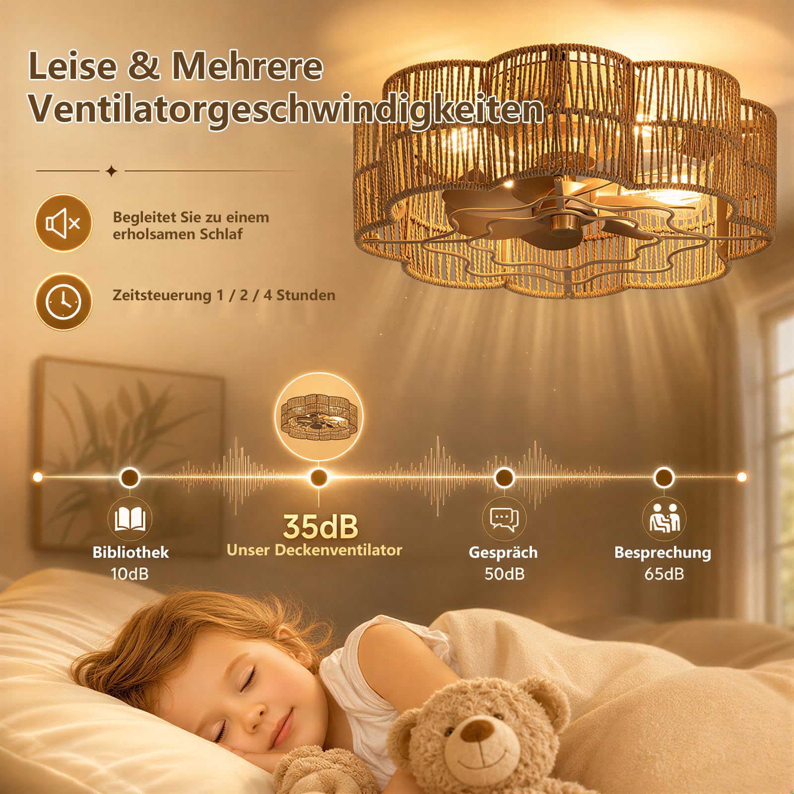 Deckenventilator mit Beleuchtung Boho Blumenform Rattan-Optik Ø47 cm | Fernbedienung, E27, Leise, 6 Geschwindigkeiten, Schlafzimmer Wohnzimmer Esszimmer