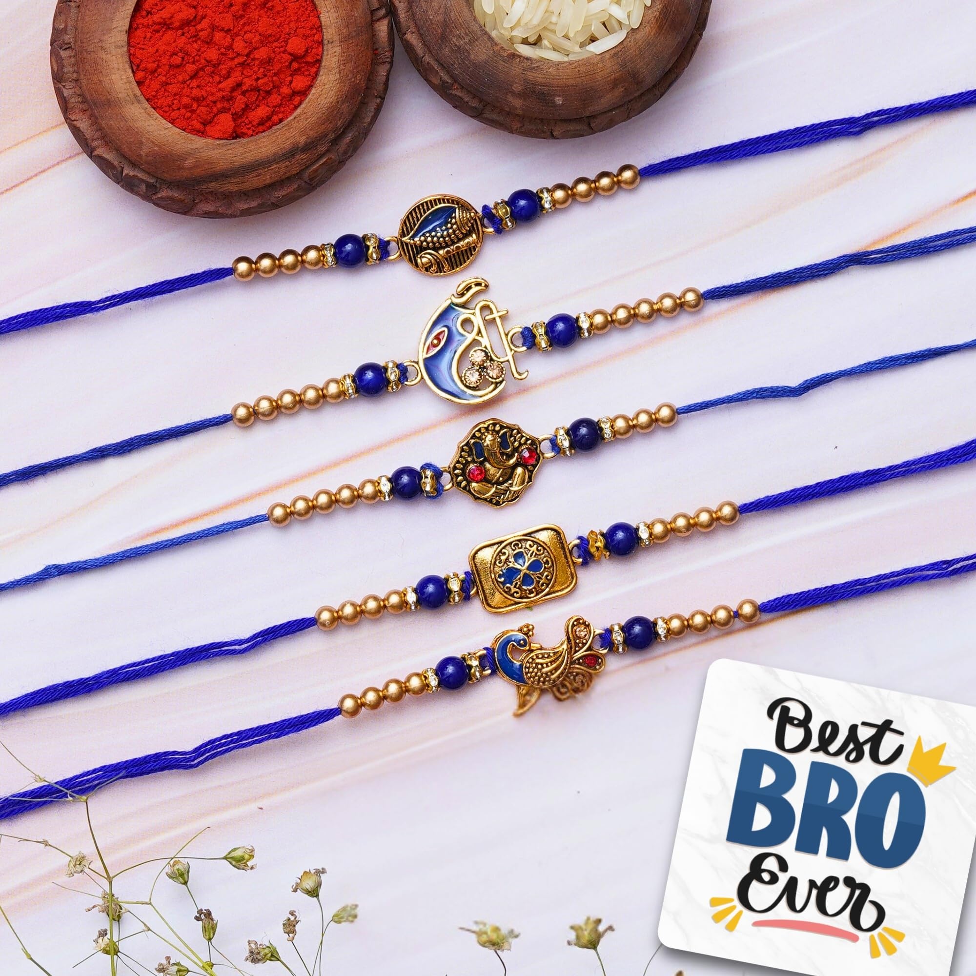 eCraftIndia Set of 5 Blue & Golden Religious Rakhis, Best Bro Ever Fridge Magnet with Roli Chawal Pack - Designer Rakhis for Brother-image-11