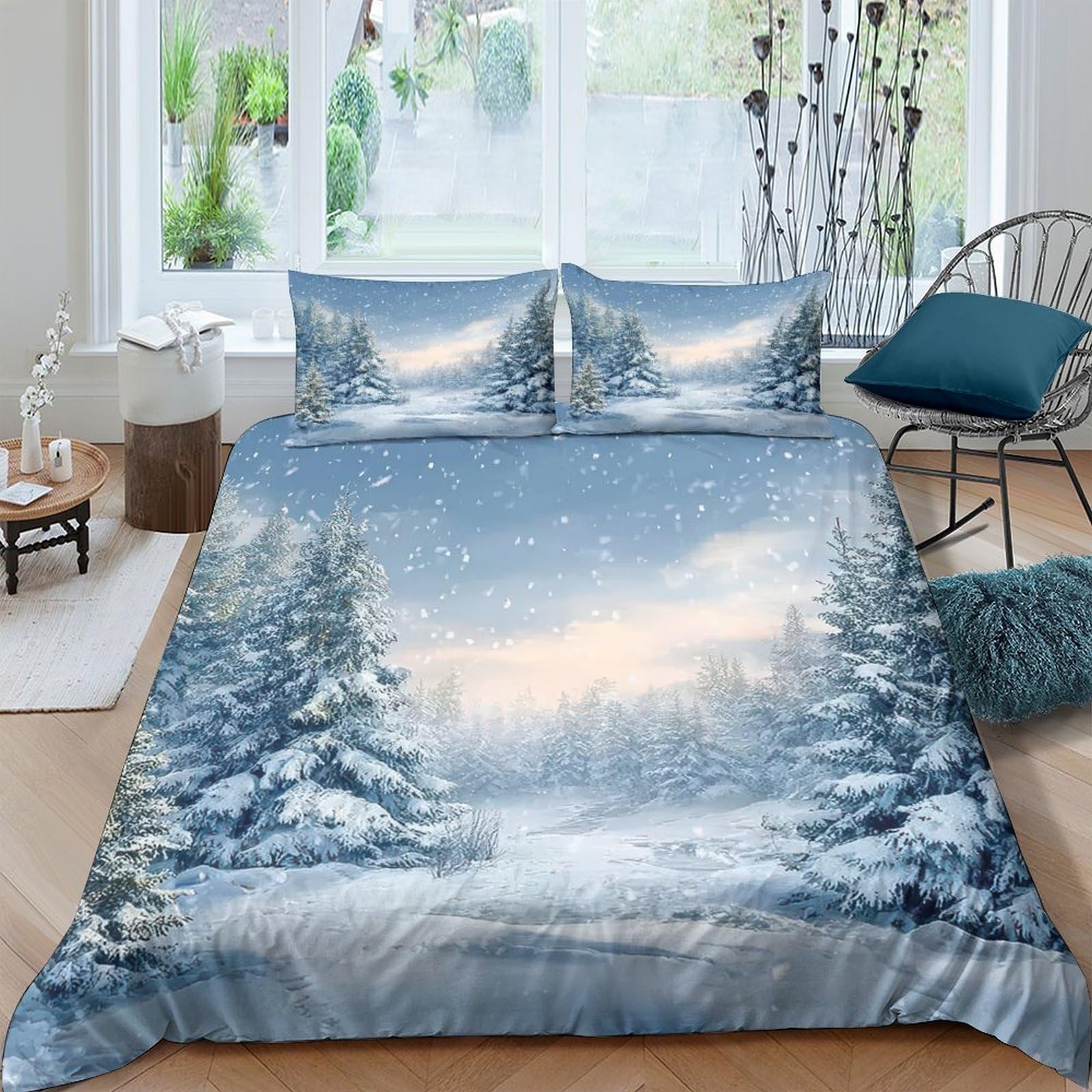Ctjqhvkz Style-3 3D Printed Snow Forest Fitted Sheet Microfiber Soft Blue Winter Landscape Bed Cover For Bedroom Guest Room Decor Single（135X200cm）