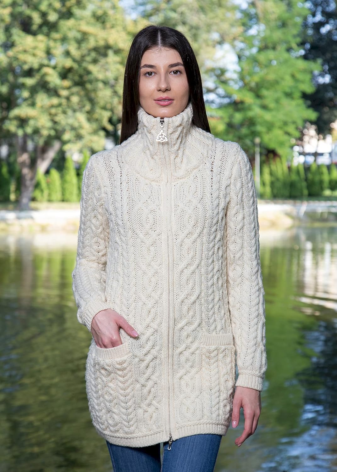 SAOL Ladies Irish Aran Zip Cardigan - 100% Merino Wool Ireland Coat with Pockets and Raised Collar - Image 6