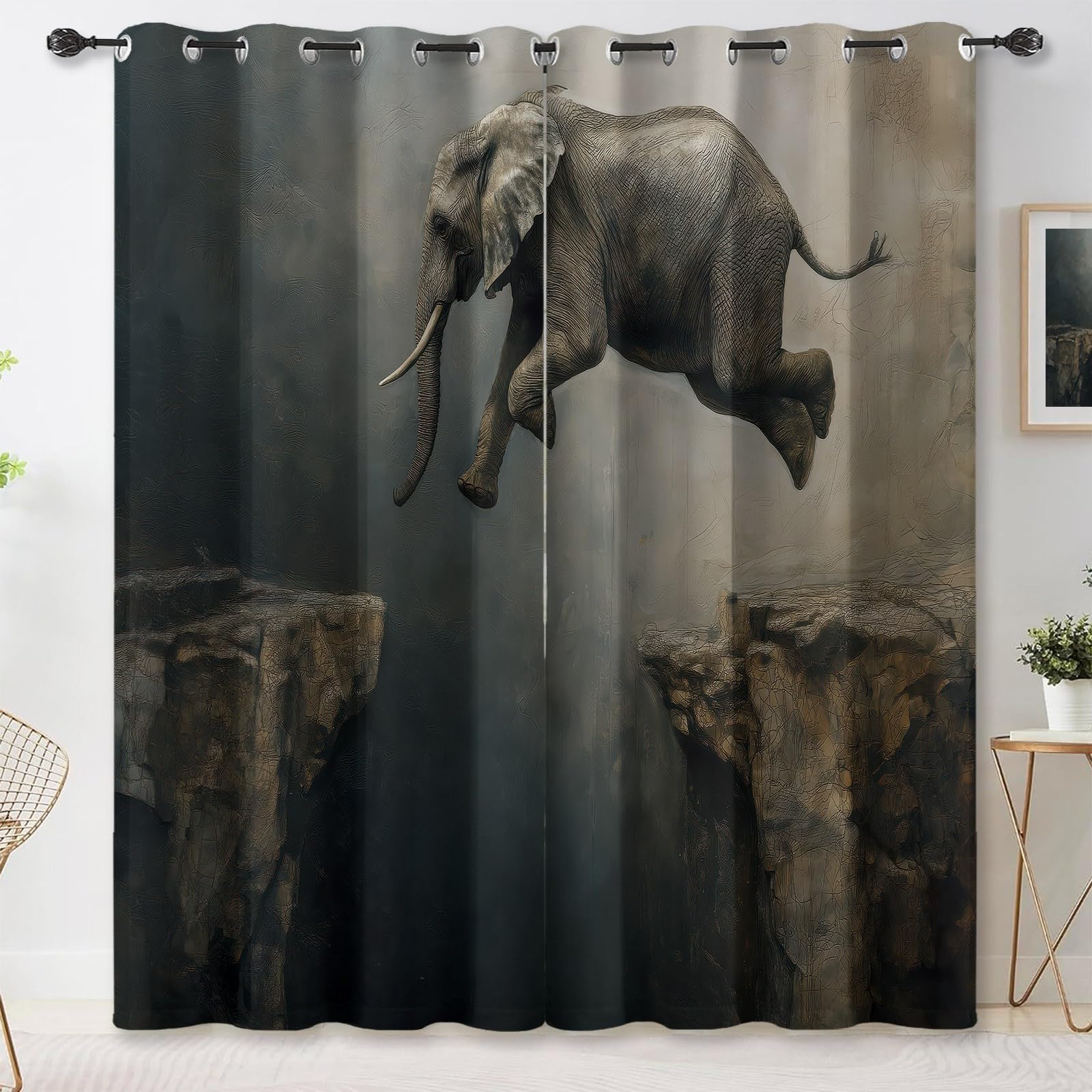 Generisch Modern Kunst Verdunkelungsvorhang, Tier Elefant Klippe Bedruckter Wärmeisoliert Vorhänge mit Ösen, Grau Vorhang für Schlafzimmer Wohnzimmer, H215 x B110 cm x 2 Vorhänge
