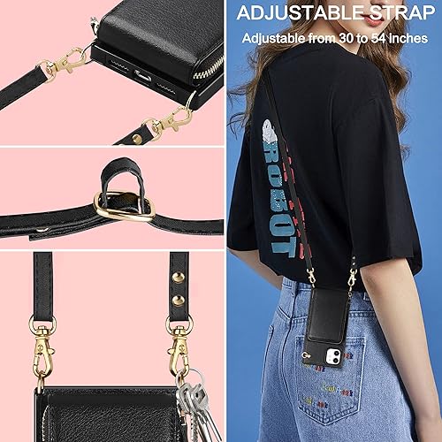 Miniatura 5 de Funda para iPhone 11 con cremallera de cuero con ranuras para tarjetas, funda protectora para teléfono con cordón para mujeres y niñas, a prueba de