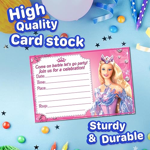 Miniatura 3 de Juego de 20 tarjetas y sobres de invitación de feliz cumpleaños con temática de Barbie, ligeros (8.47 oz), invitaciones estilo postal para el