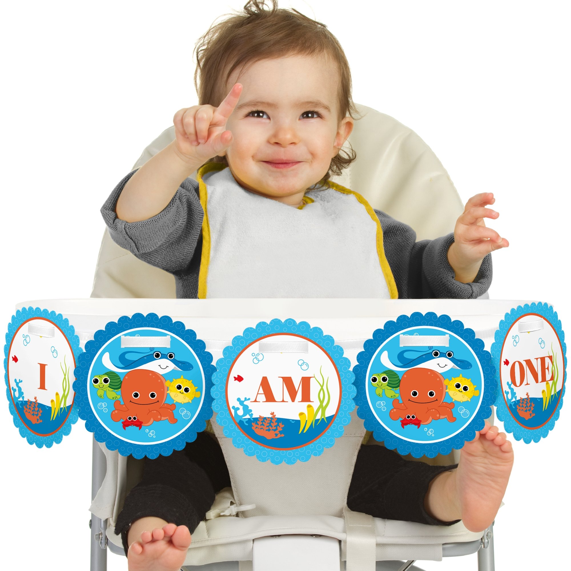 Big Dot of HappinessUnder The Sea Critters 1st Birthday - I Am One - First Birthday High Chair Banner