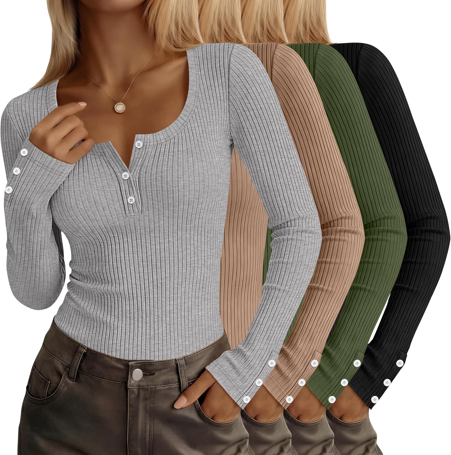 4 Pack Women's Long Sleeve Henley Shirts Button Ribbed Knit Slim Fit U Neck Tops Casual Going out Tee Fall Winter