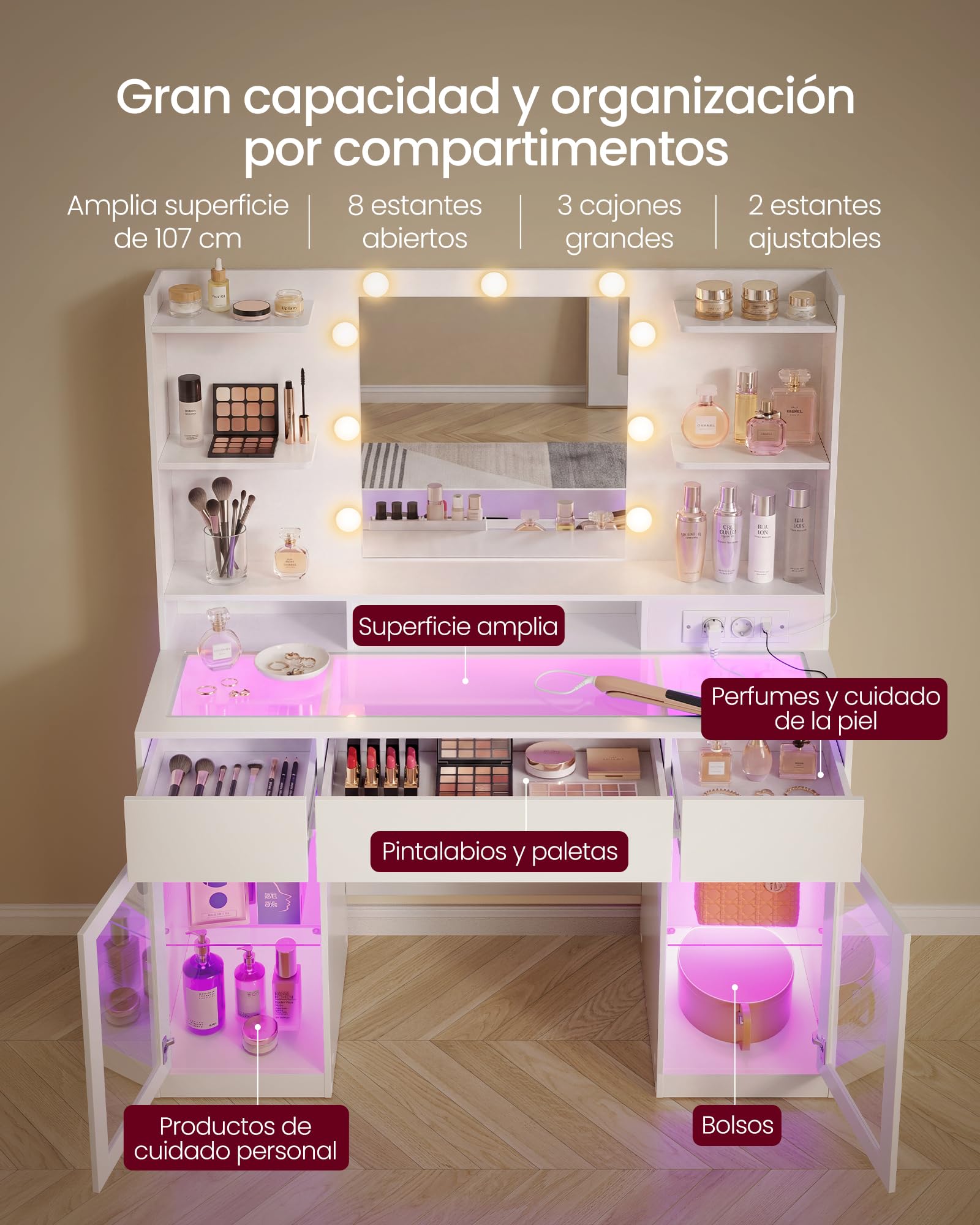VASAGLE Tocador, Mesa de Maquillaje con Espejo y Luces RGB, Enchufes y Puertos USB, Armarios de Almacenamiento, 107 x 40 x 144,5 cm, Blanco, para Dormitorio, Colección Kailyn RDT145WB01