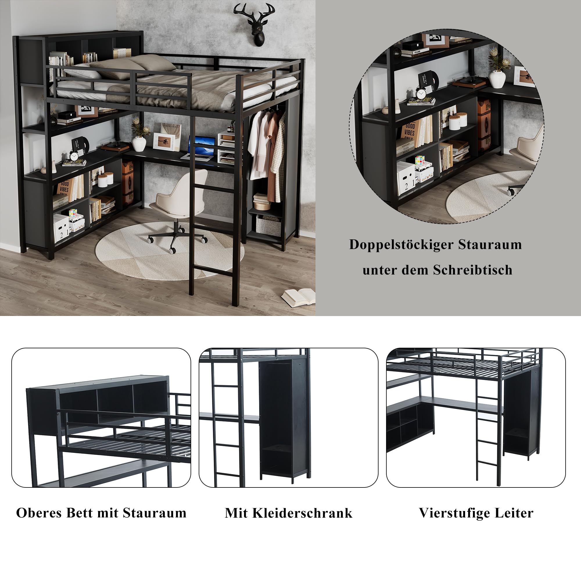 Etagenbett Kinderbett 140x200 cm, Eisenbett Hochbett mit Stauraum Schreibtisch, Einzelbett Metallbett Bett mit Kleiderschrank, Leiter und Lattenrost aus Metallrahmen, ohne Matratze (Schwarz)