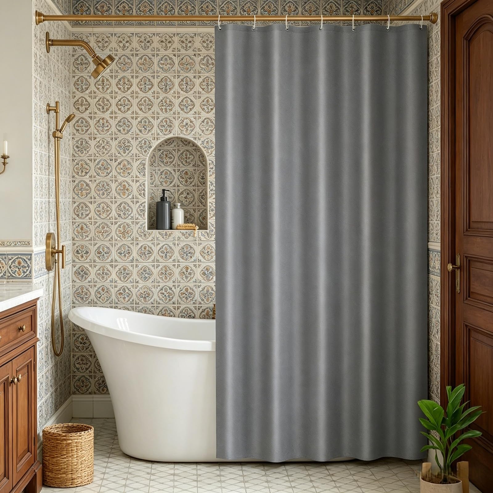 Cortinas de Ducha de Tela 180 x 200 cm Lavable a Máquina Cortina de Ducha de Poliéster con 12 Ganchos para Baño, Bañera, Gris