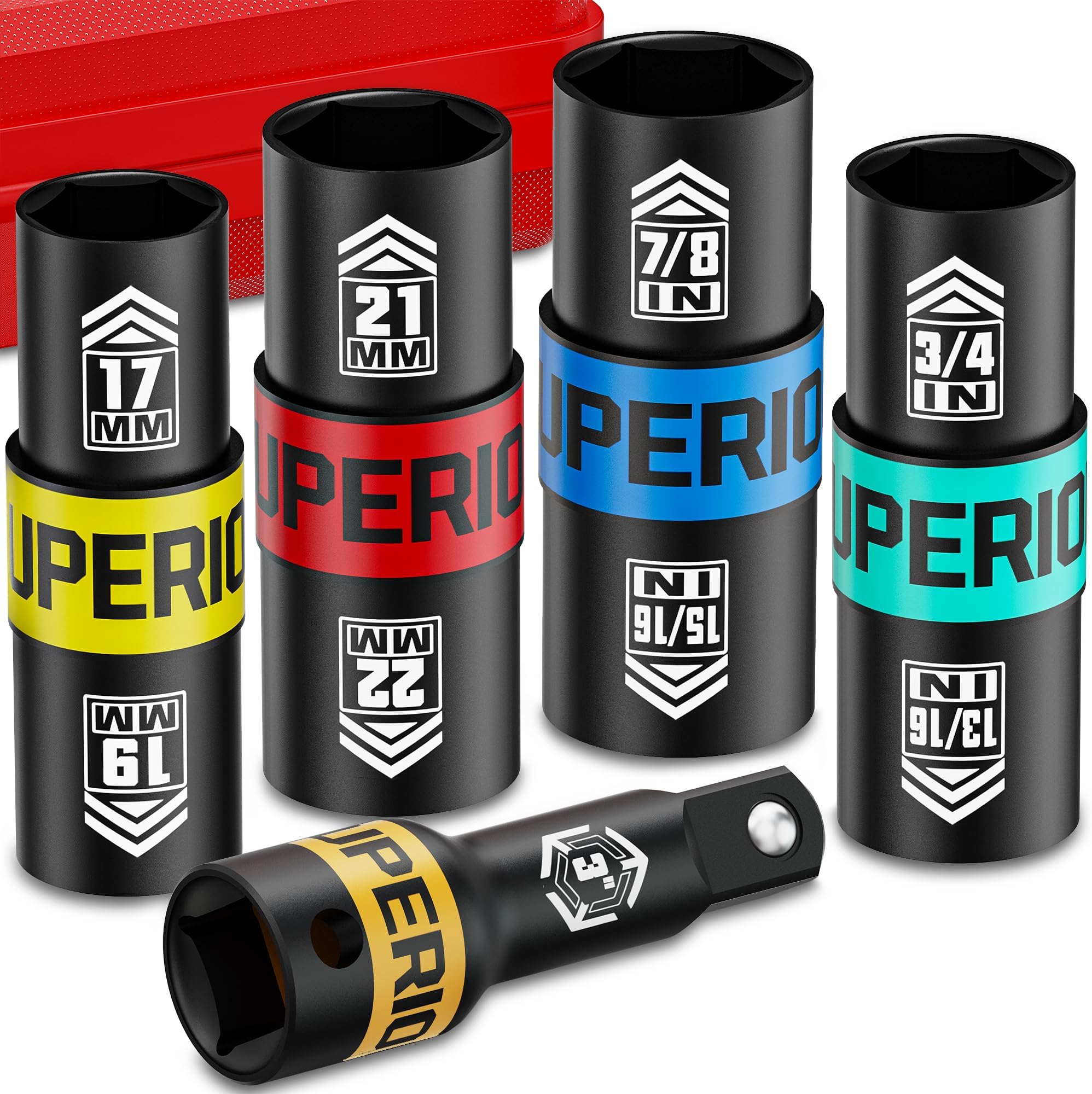 1/2" Drive Lug Nut Flip Impact Socket Set, Double Ended Thin Wall Nut Sockets with 3" Extension Bar, Cr-Mo Steel, for Remove Bloated Warped or Damaged Lug Nuts, 5 Pieces