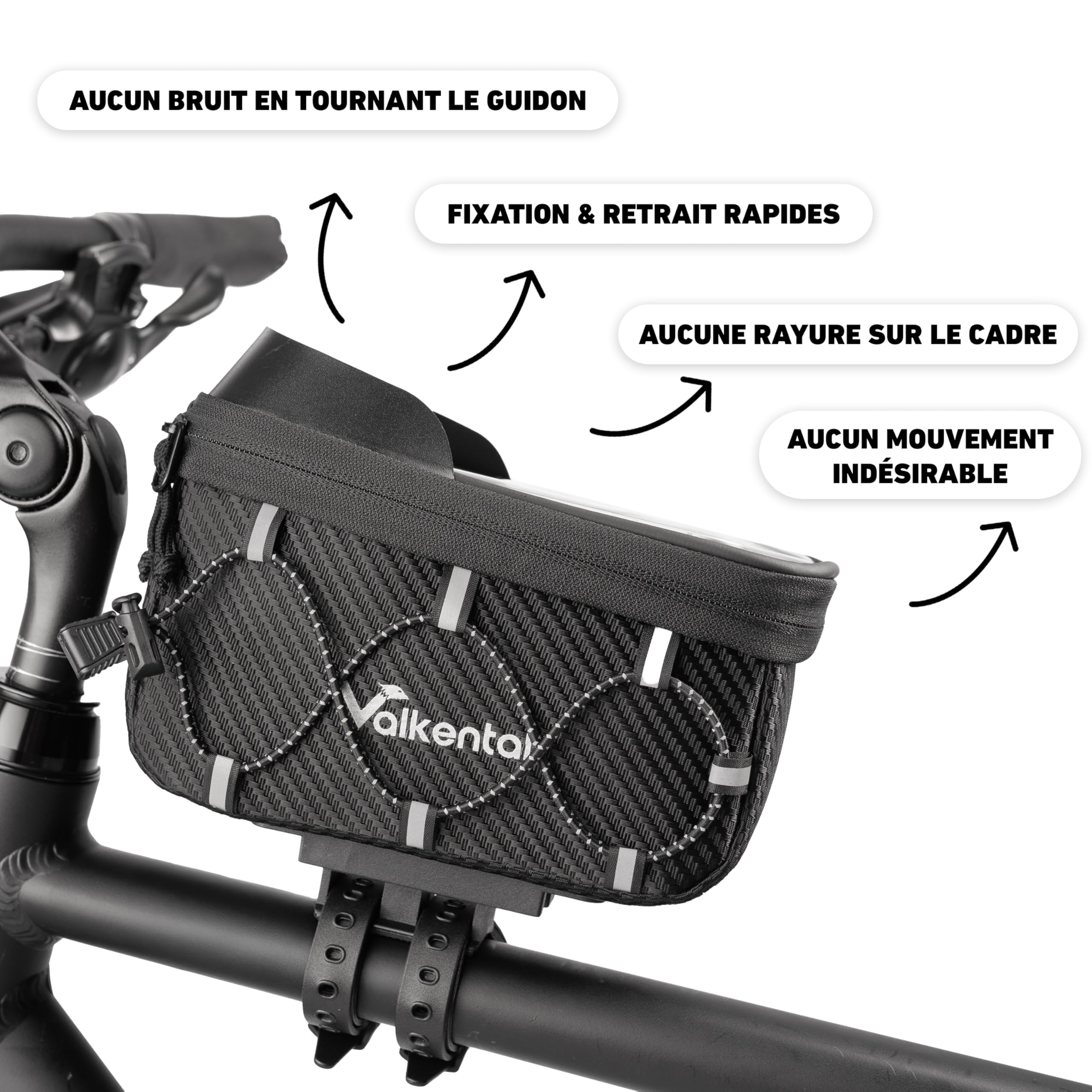 Valkental® Sacoche de Cadre vélo 1,8L [Adaptateur Rapide] Étanche pour VTT, vélo électrique & Route – Pochette Smartphone avec Film Tactile – Sac Tube supérieur Pratique