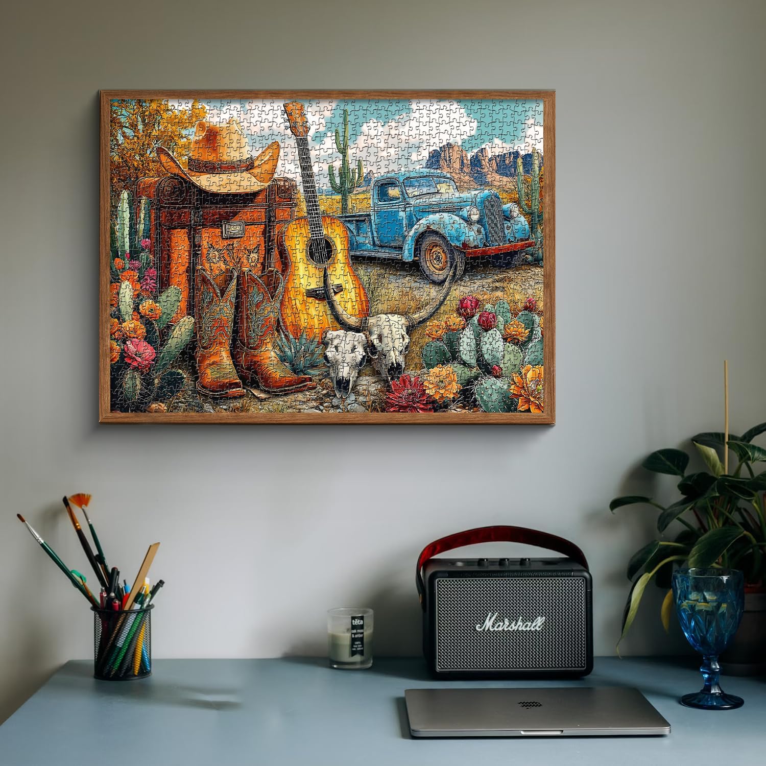 PICKFORU Cactus Plant Puzzles for Adults 1000 Pieces, Cowboy Deserts Jigsaw Puzzles 1000 Pieces Western Art, Vintage Guitar Truck Puzzles as Cactus Wall Decor