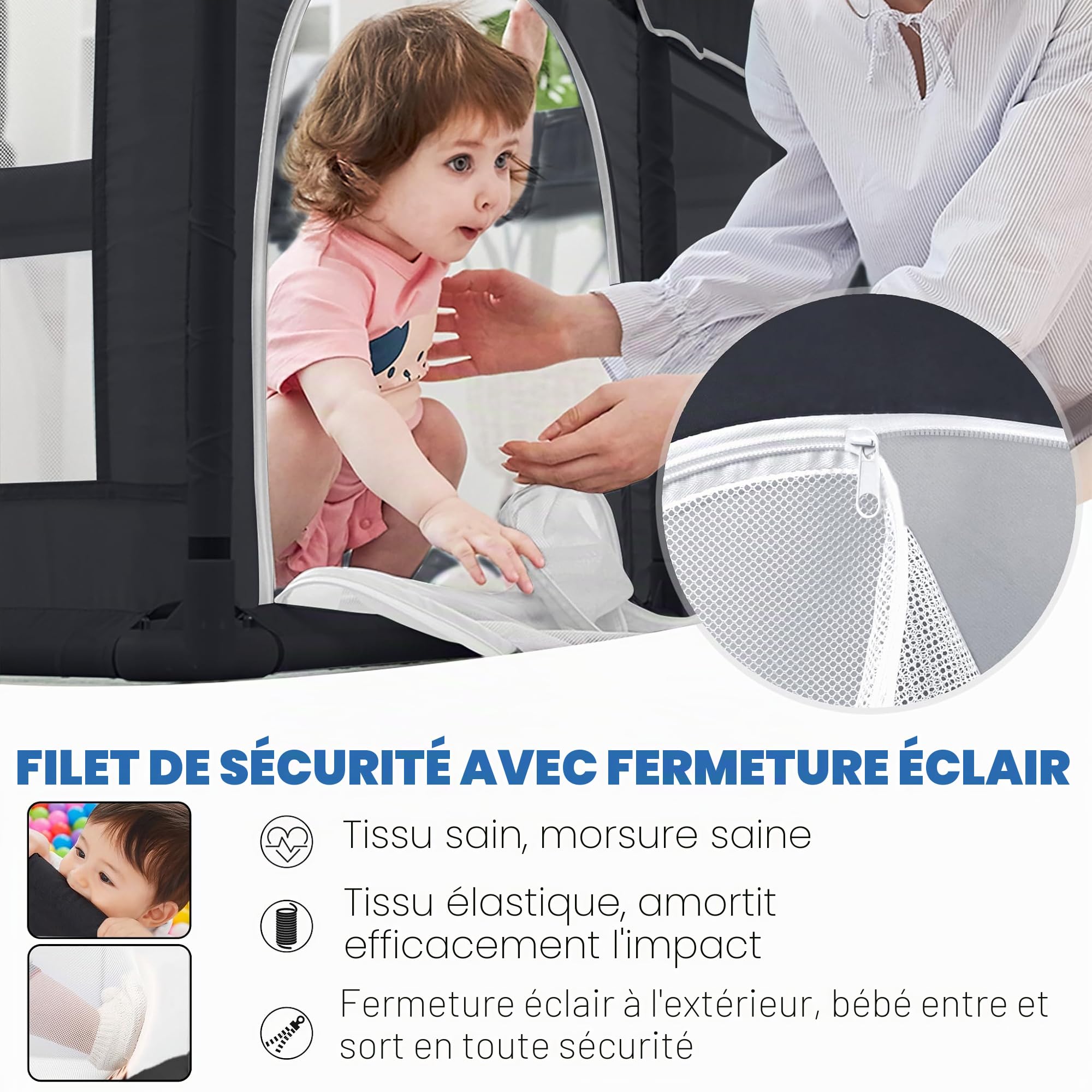 UISEBRT Parc pour bébé avec base antidérapante et filet respirant et 50 balles, grille de barrière stable pour enfants, noir, 127 x 127 cm