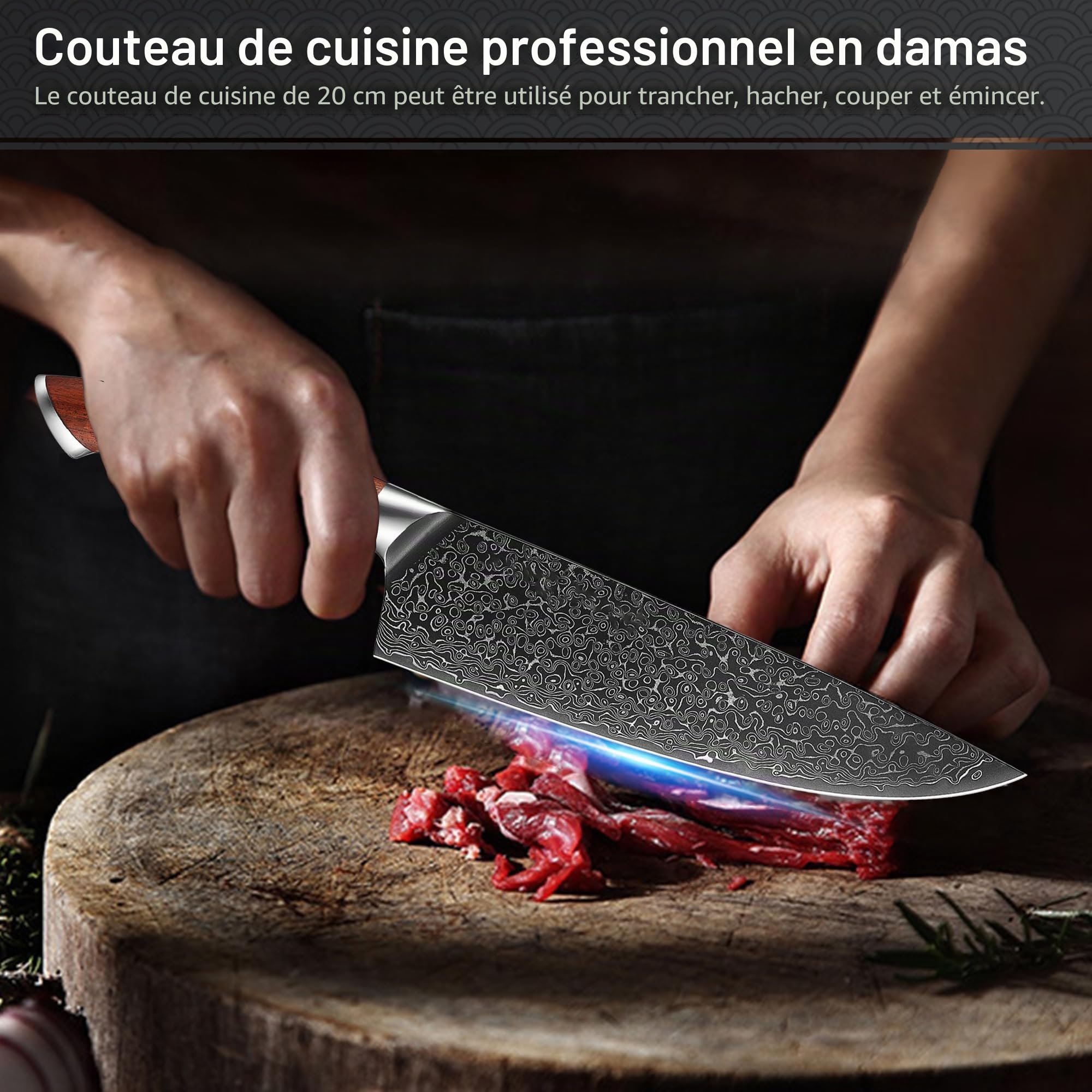 Kitory Couteau de Chef Professionnel 20 cm 73 Couches 10Cr15CoMoV en Acier de Damas avec Manche en Bois de Santal Rouge avec Coffret Cadeau