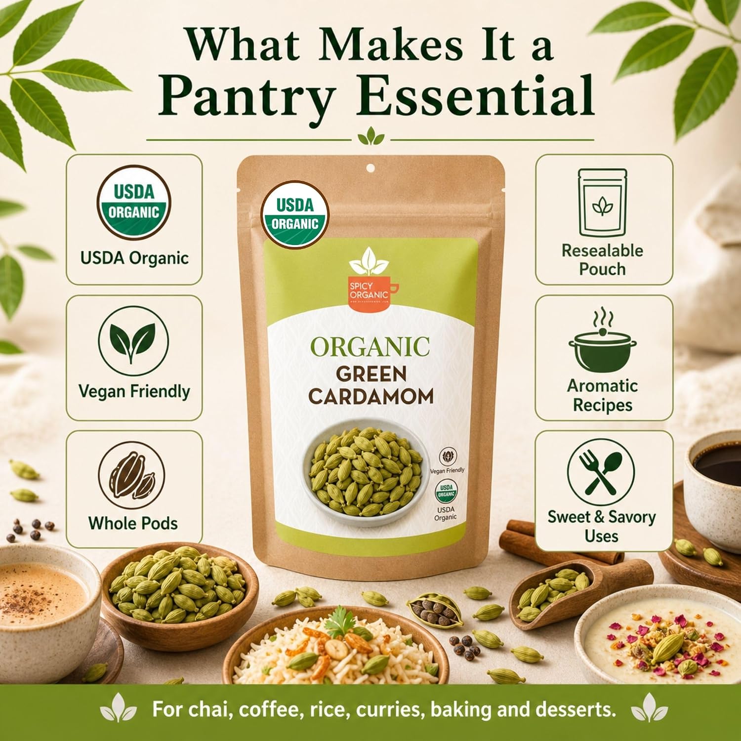SPICY ORGANIC Green Cardamom Pods – 2 oz - Whole Cardamon Seeds for Authentic Spice Flavor, Natural Cardamon Pod for Tea, Cooking, and Baking- USDA Certified Organic, Gluten-Free, Non-GMO and Kosher image 5
