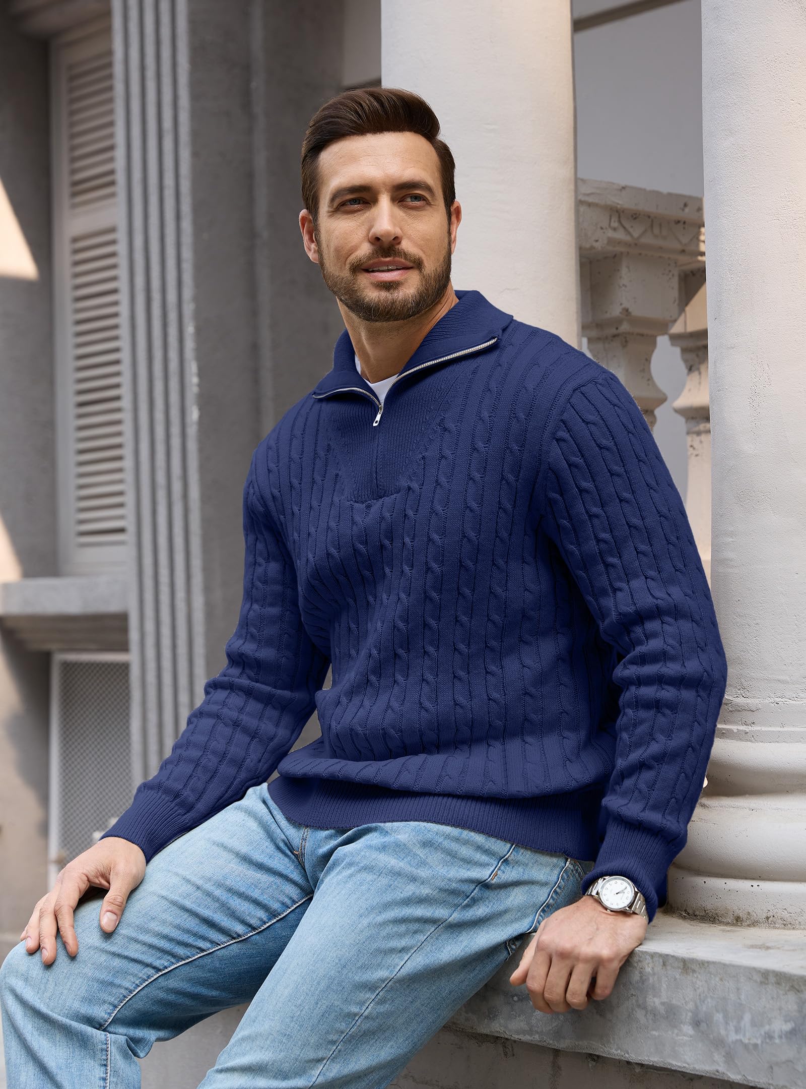 Herren Rollkragenpullover 1/4 Zip Strickpullover Zopfmuster Winter Langarm