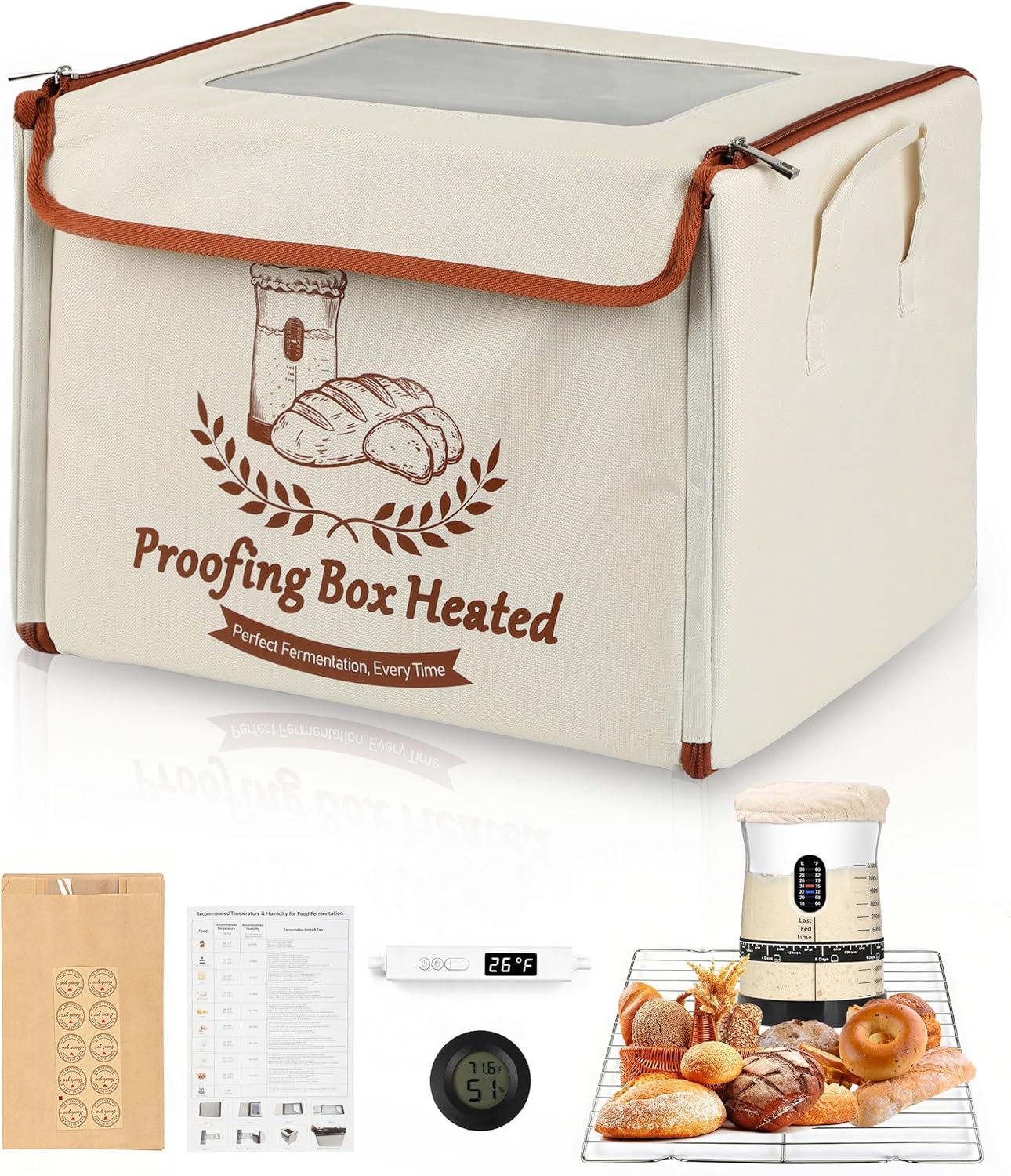 Folding Bread Proofing Box with Window & Hygrometer, 55–133°F Precise Temp Control, 48H Timer, 5-Layer Insulation, Multi-Side Heating, Steel Rack & Bread Bags, for Sourdough, Yogurt & Pizza