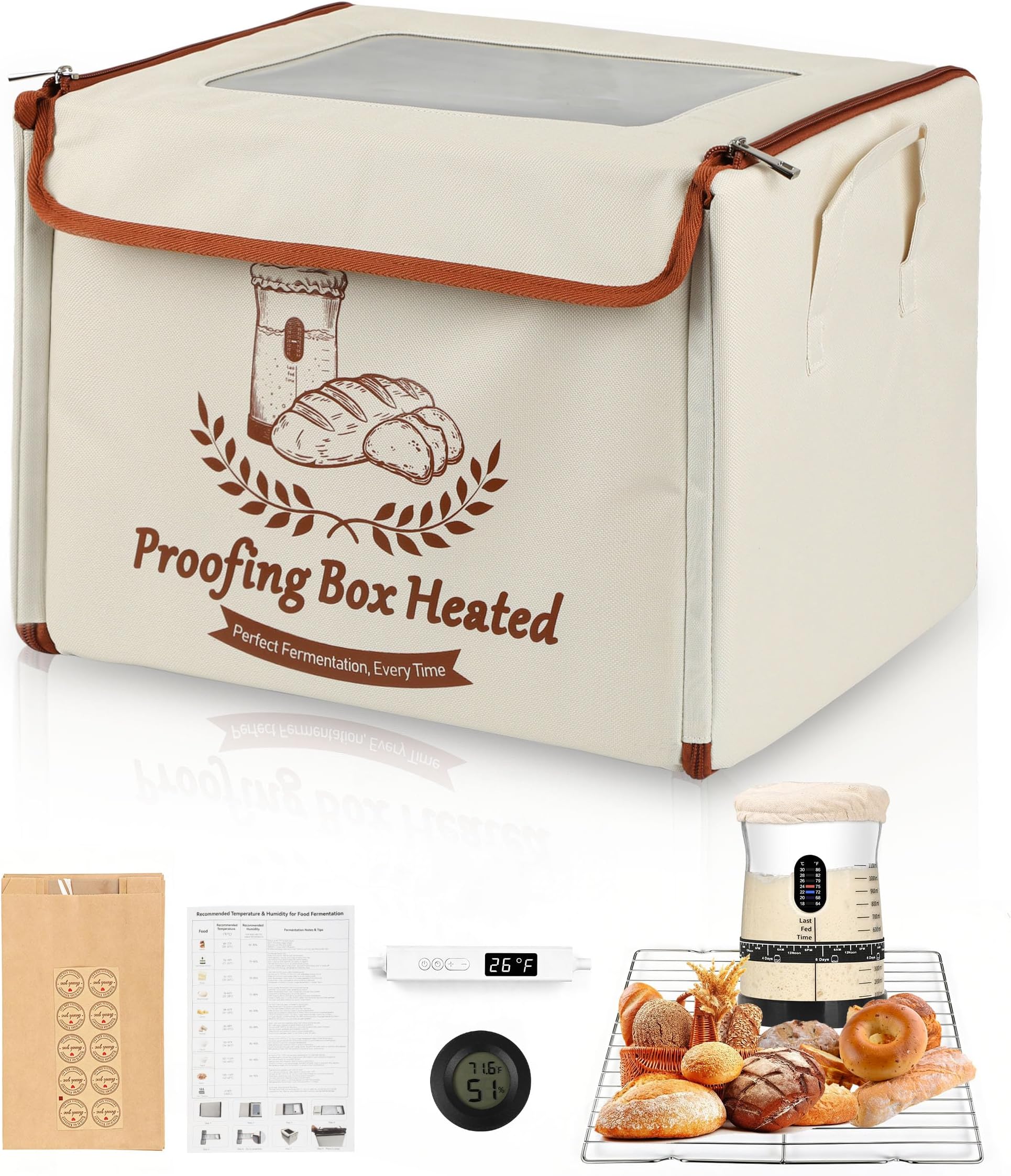 COCO BIRD Folding Bread Proofing Box with Window & Hygrometer, 55–133°F Precise Temp Control, 48H Timer, 5-Layer Insulation, Multi-Side Heating, Steel Rack & Bread Bags, for Sourdough, Yogurt & Pizza