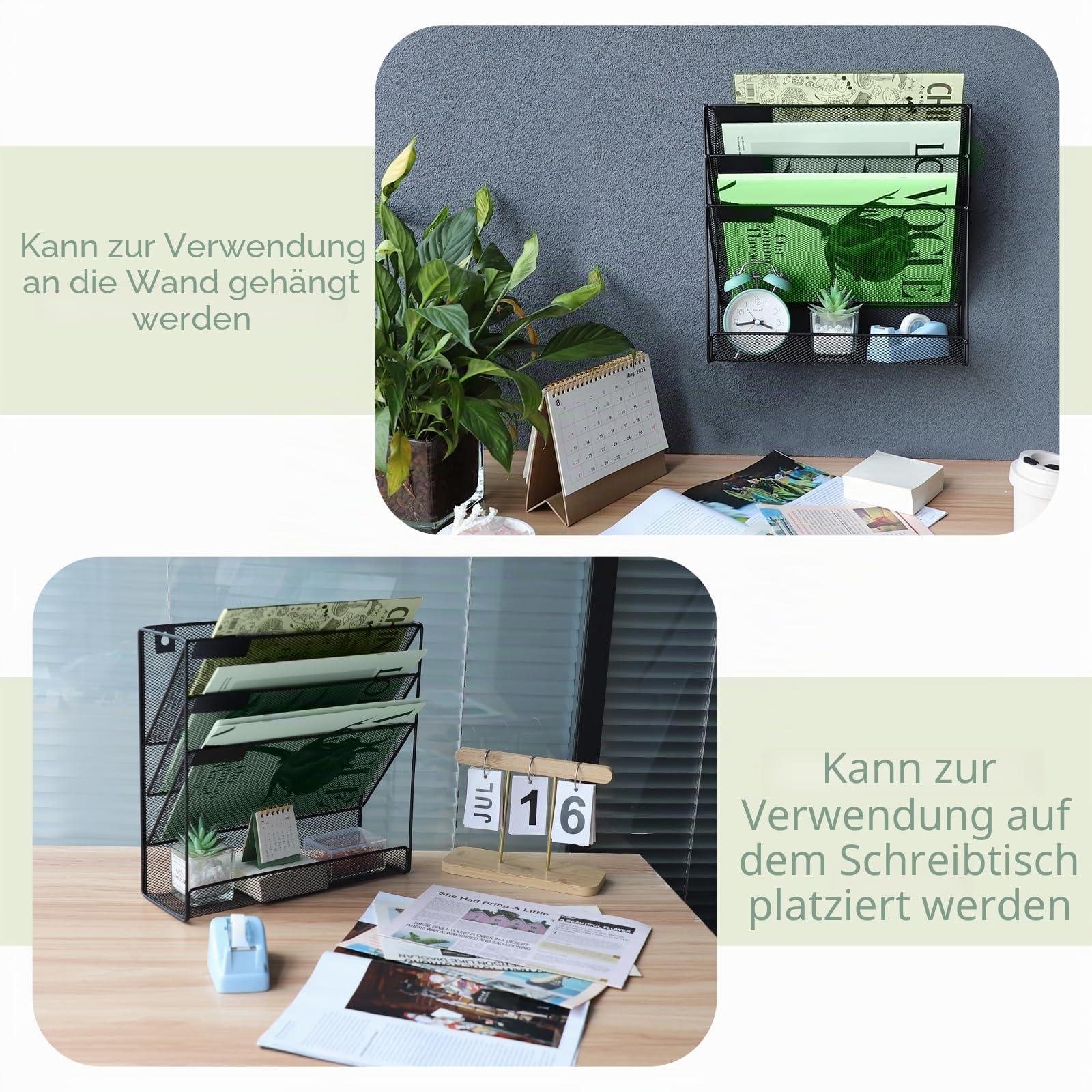 4 Fächer Zeitschriften Wandhalter aus Metall, Zeitschriftenhalter Wand, Prospektspenderset und Wandablagefächer für Büro Organizer & Ablage, Schwarz