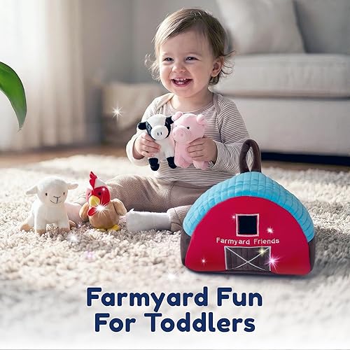 Miniatura 2 de PixieCrush Granero de peluche con animales de granja, juego de 5, textiles suaves, incluye 4 animales de granja de peluche, pollo, vaca, pollo,