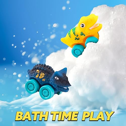 Miniatura 5 de JOYIN Juguetes de dinosaurio para niños de 2 a 4 años, juguetes para niños pequeños, camión transportador de dinosaurios con 6 vehículos de goma,