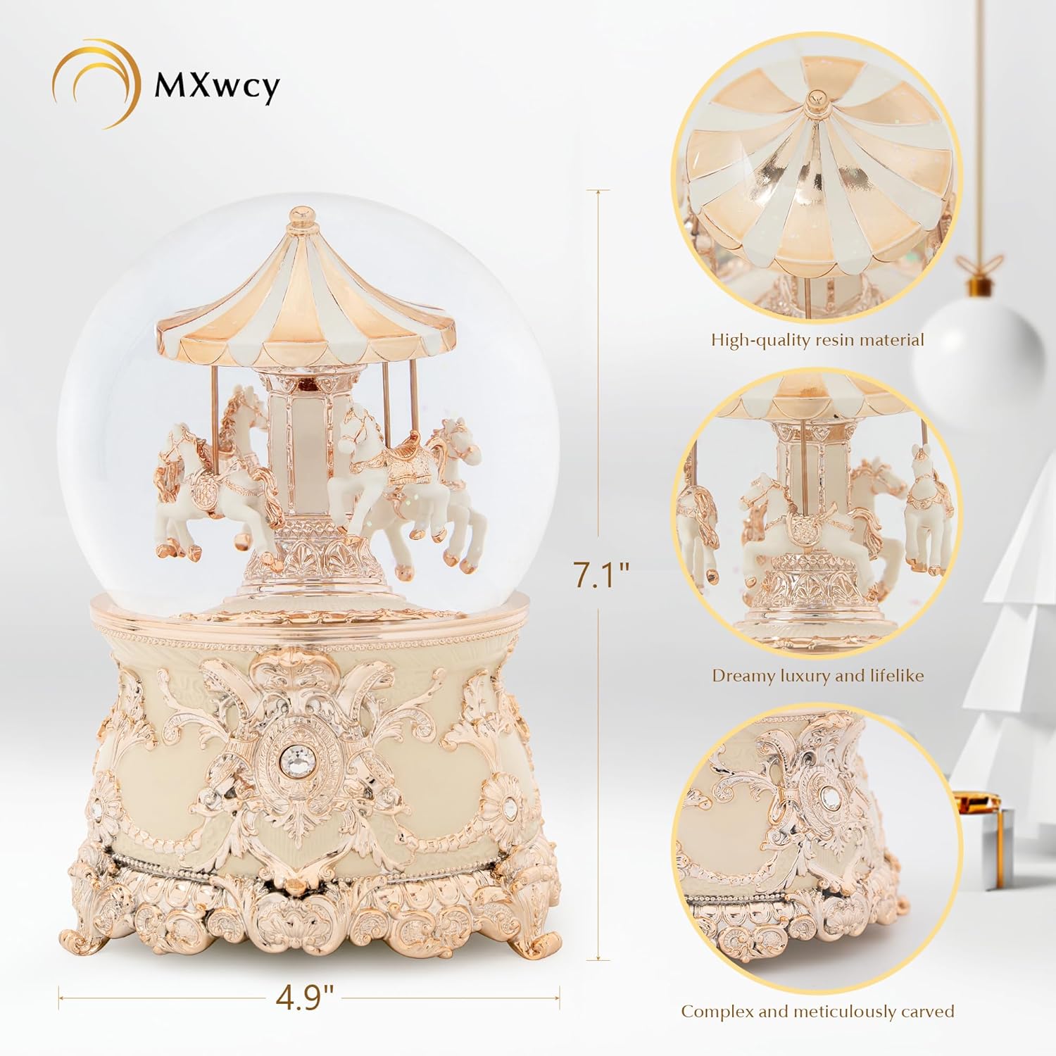 Carousel Music Box Rose Gold Christmas Snow Globes, 7.1" Glass Rotate Carousel Snow Globe for Kids & Adults, Classic Wind up Musical Snow Globe Valentines Day Gifts, Carousel Horse Home Decor - Image 3