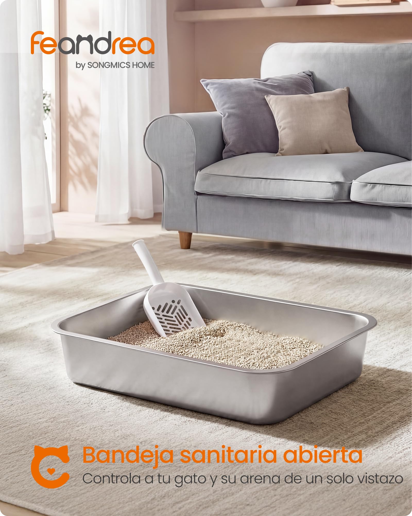 Feandrea Bandeja Sanitaria para Gatos de Acero Inoxidable, Arenero Abierto con Pala, 60 x 40 x 15 cm, para Gatos Grandes, Plateado PPT019E101