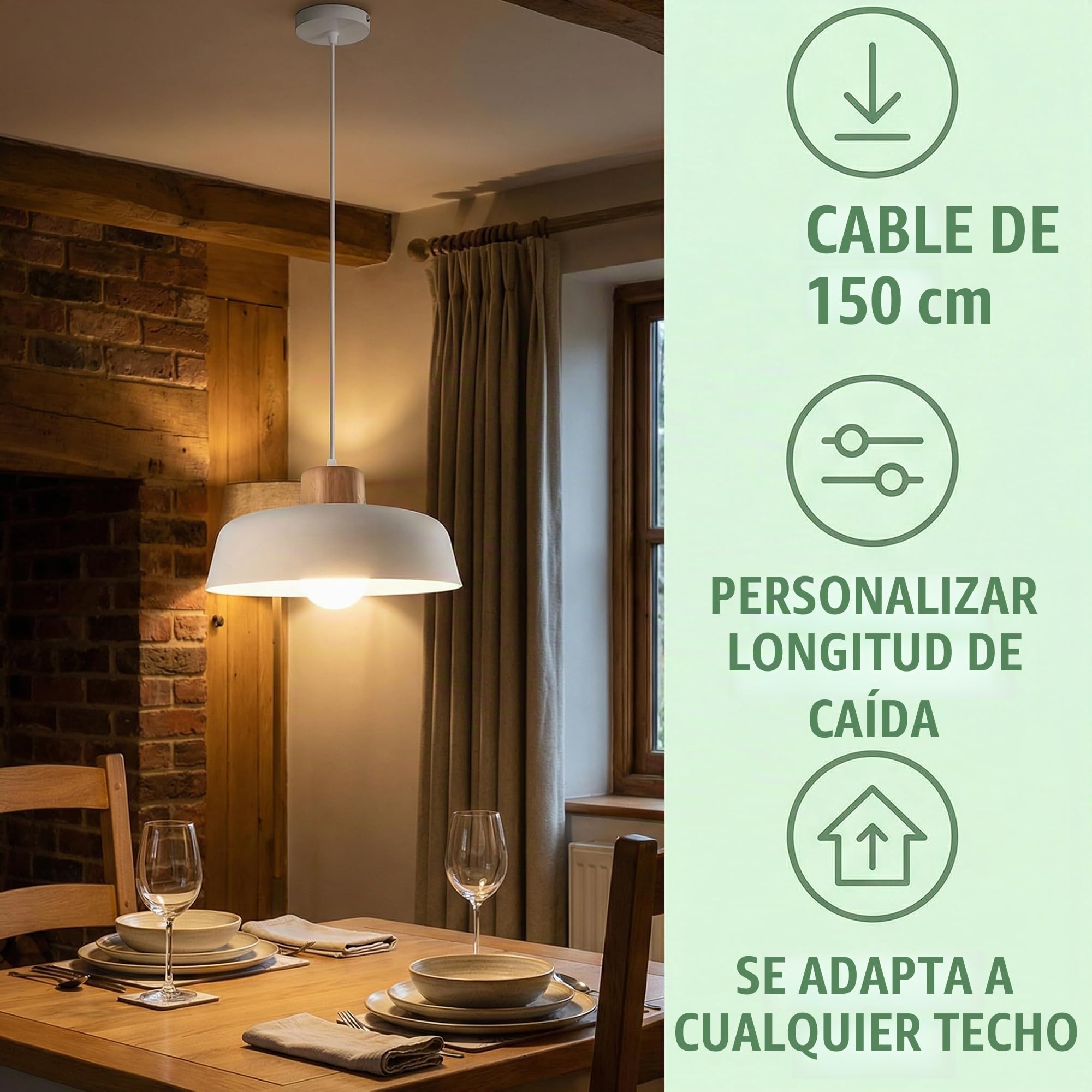 Lámpara Colgante con Redondo Pantalla de Hierro 30cm y Acabado de Madera en Color Macaron​​, ​​Grande Luz Colgante Moderna E27 ​​Para Salón, Cocina y Comedor​ (Blanco)