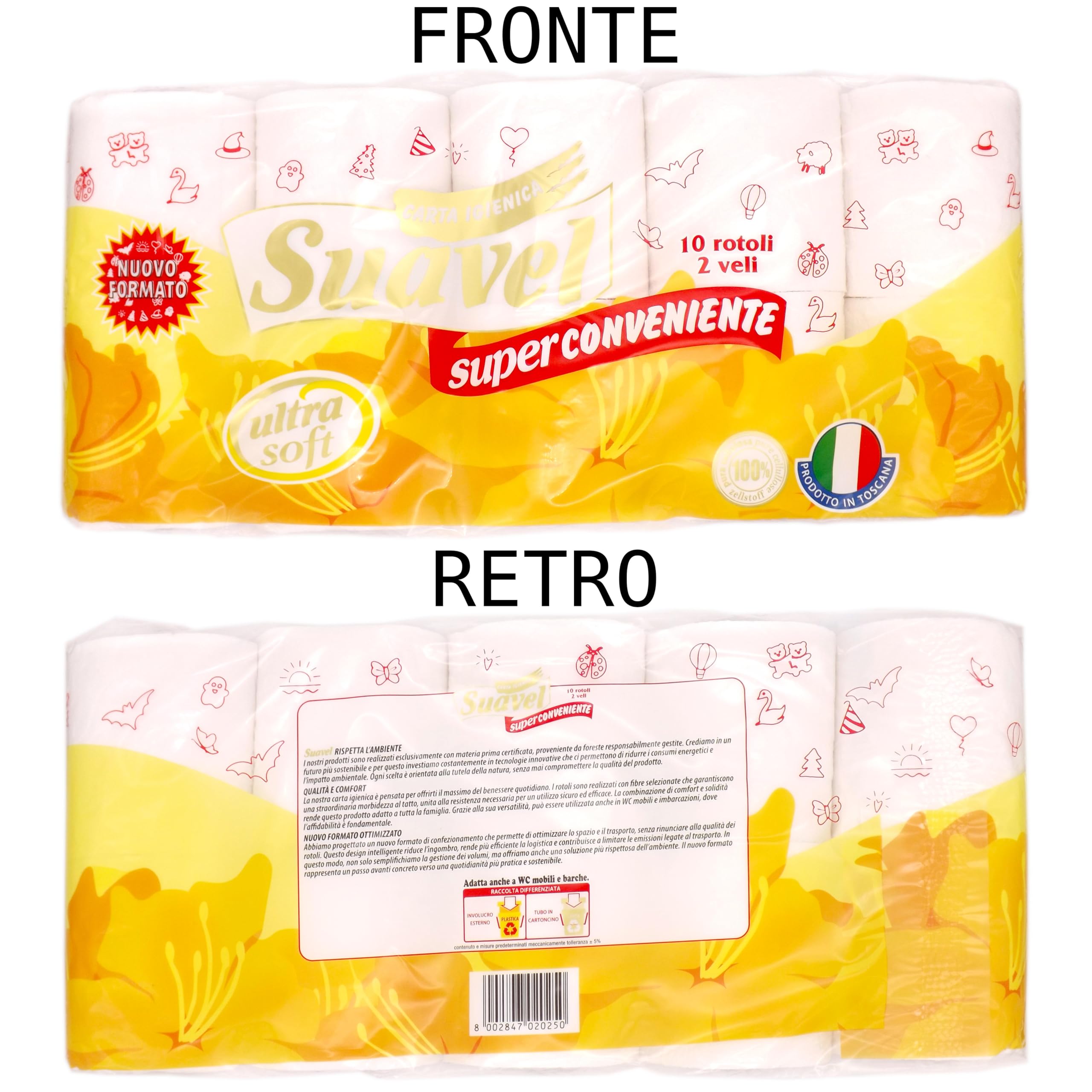 Carta Igienica 2 veli 60 rotoli (6 pacchi da 10 rotoli) Non profumata goffrata Ultra Soft Super Conveniente trapuntata multidisegno